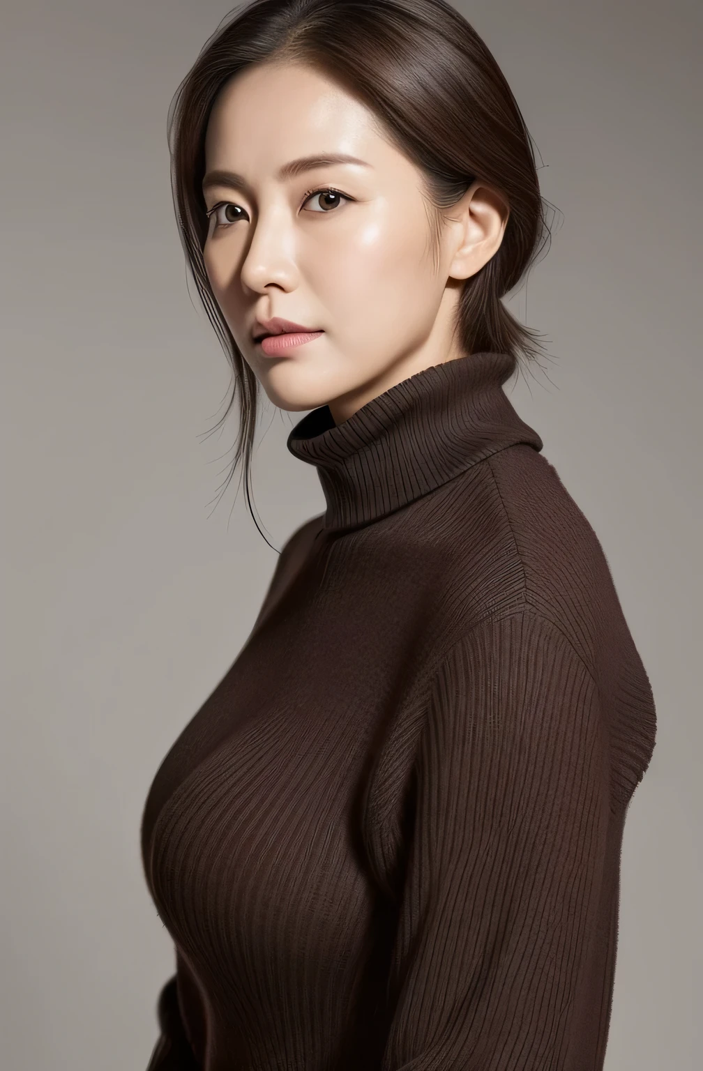 hight resolution, high-level image quality, high detailing, masterpiece, Textured skin, tre anatomically correct, sharp, greybackground((japanes, 20yr old)), 独奏, ((Wrinkles on the face)), large breasts with good shape, Straight light brown hair that reaches to the shoulders, chubby figure (((erect through, facing the center of the screen.))), Close your mouth and look straight ahead with a serious face, Sweaters, skirt by the, ((cowboy shot)),