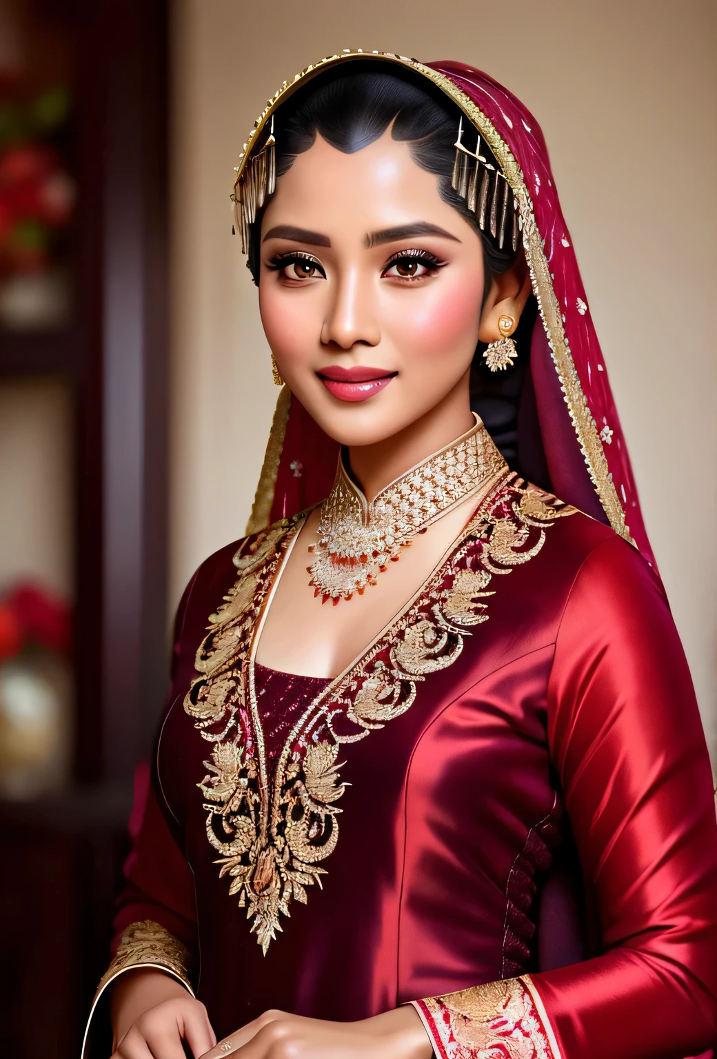 hijab, photography,  full body of java wedding woman in red long kebaya dress traditional and batik skirt, looking at viewer, jewelry and hair on hair,,  long shot , smile,   beautiful face,  (extremely detailed photo), full body shot photo, high-quality photo, photorealistic, Intricate, High Detail, Sharp focus, dramatic, photorealistic, RAW photo, real person,  hyperrealism, masterpiece,, very detailed face and eyes,4k,8k,highly detailed, high Detail, Sharp focus, detailed face,
high-quality photo, (photorealistic:1.5),(hyper realistic:1.5)