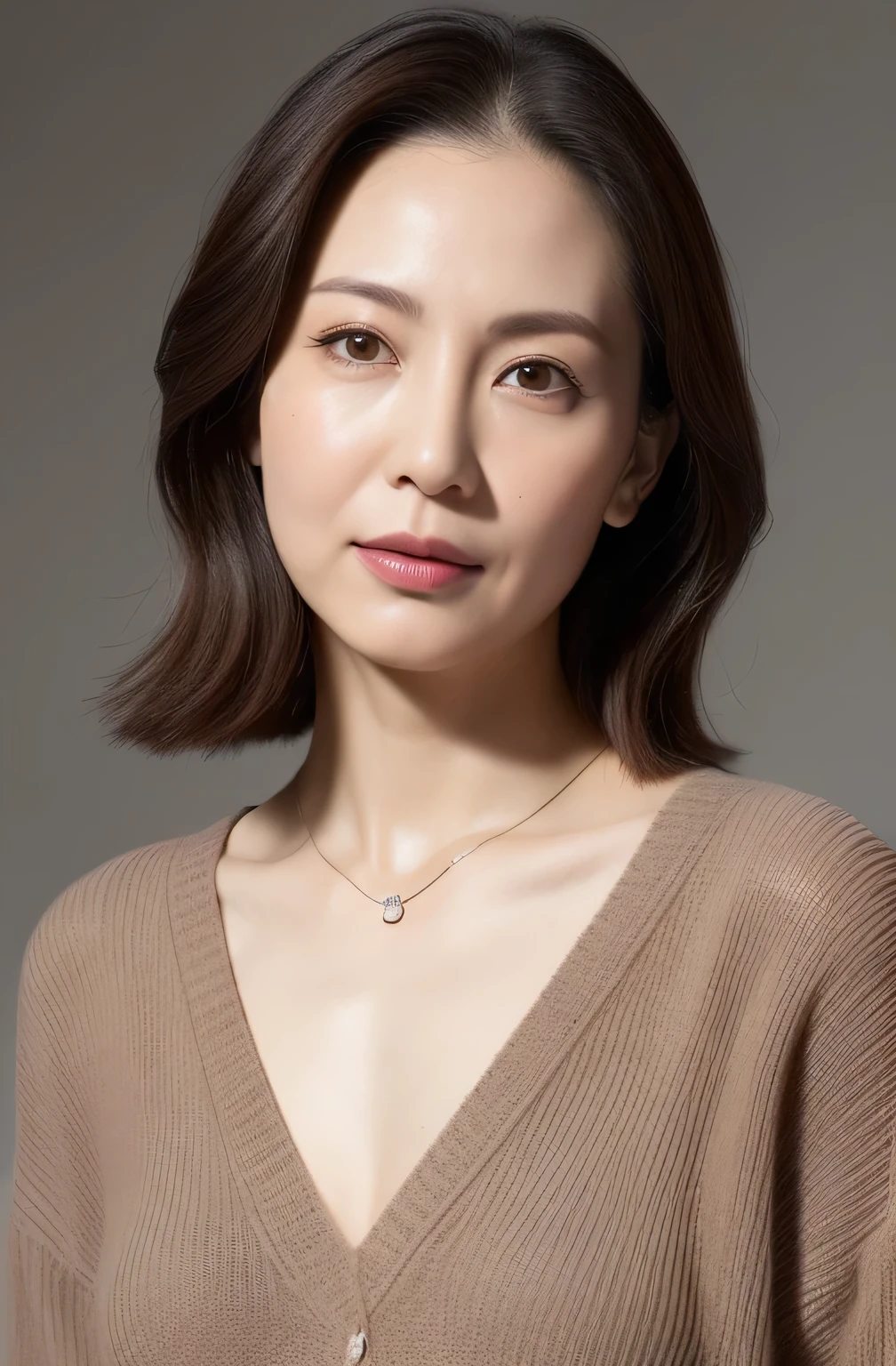 hight resolution, high-level image quality, high detailing, masterpiece, Textured skin, tre anatomically correct, sharp, greybackground((japanes, 20yr old)), 独奏, ((Wrinkles on the face)), large breasts with good shape, Straight light brown hair that reaches to the shoulders, chubby figure (((erect through, facing the center of the screen.))), Close your mouth and look straight ahead with a serious face, Sweaters, skirt by the, ((cowboy shot)),