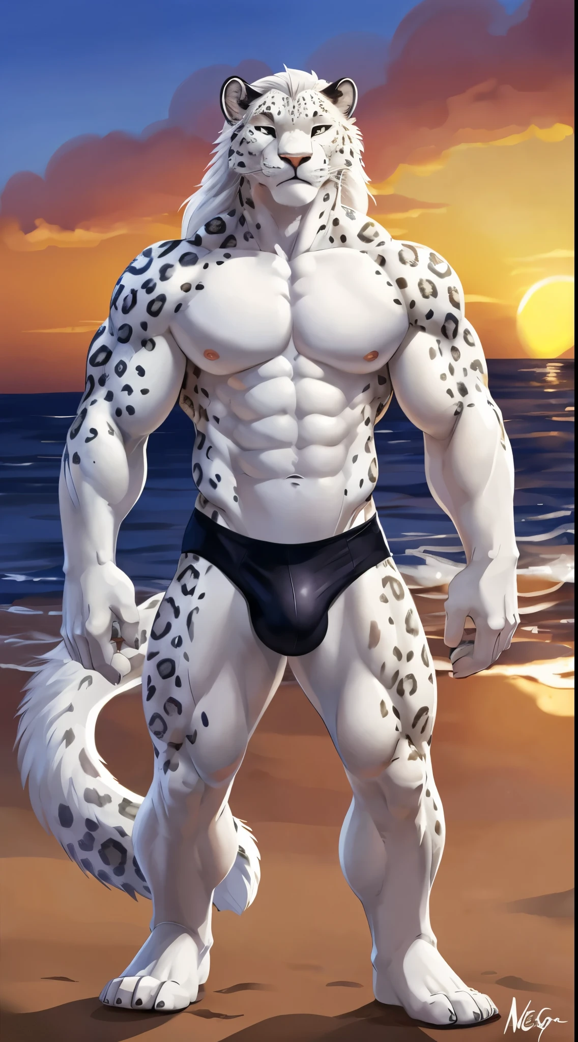 white leopard. white long hair, 4k, high resolution, best quality, posted on e621, solo, anthro body, male, , masculine, (very muscular:1.2), correct anatomy, (beach background, sea background, sky background, sunset:1.0), (blurry background, out-of-focus background:1.2), (by wfa:1.0), (by negger:1.2), (by chunie:0.5), (cel shaded, cartoony shading:1.2), black lineart, black outline, flat coloring, (strong shadows, dark shadows:1.2), (black speedos, bulge:1.0), confident, sexy pose