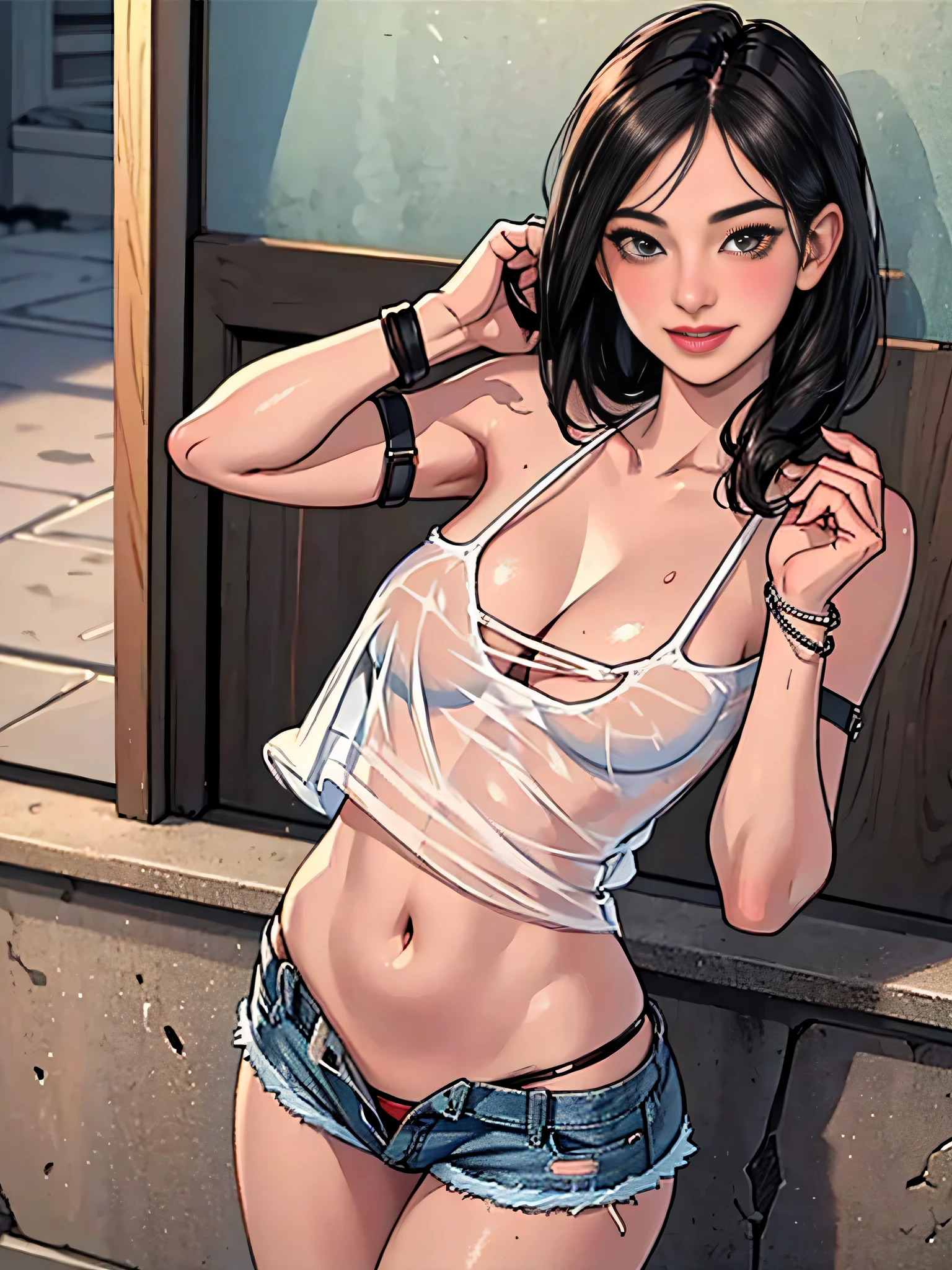 (1 Girl), white girl, thot, Blushing, (((Wet Skin)), shiny short black hair, beauty, top heavy lips, cat eye eyeliner, denim shorts visible thong strap, Torn Clothes, a lot of bracelets,The World of Marquis de Sade, Best Quality, Masterpiece, Ultra High Res, ( photorealistic:1.4), RAW photo, visible thong straps, desert, amber eyes, embarrassed, brushing hair behind ear, blush, cute face, shocked, long body, thong, amber eyes, smile, warm expression