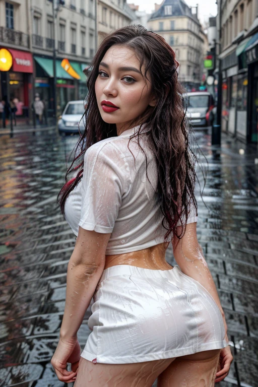 ns,a korean girl with long curly silver hair in a street(wet:1.2,rain:1.3) in Paris,hair parted in the middle, realistic face,wearing ((makeup:1.2)),((red lipstick:1.2)), white tight skirt,low angle,realistic blue eyes, tattooed,full body photo,frontal,masterpiece, extremely detailed eyes,realism, intricate details, perfect body, best hands, high quality, ultra detailed face, high definition, hyper detailed,HDR, 8k, uhd, dslr, extreme skin details, natural lighting, 35mm, cinema photography, FujiFilm XT3, ultra-realistic