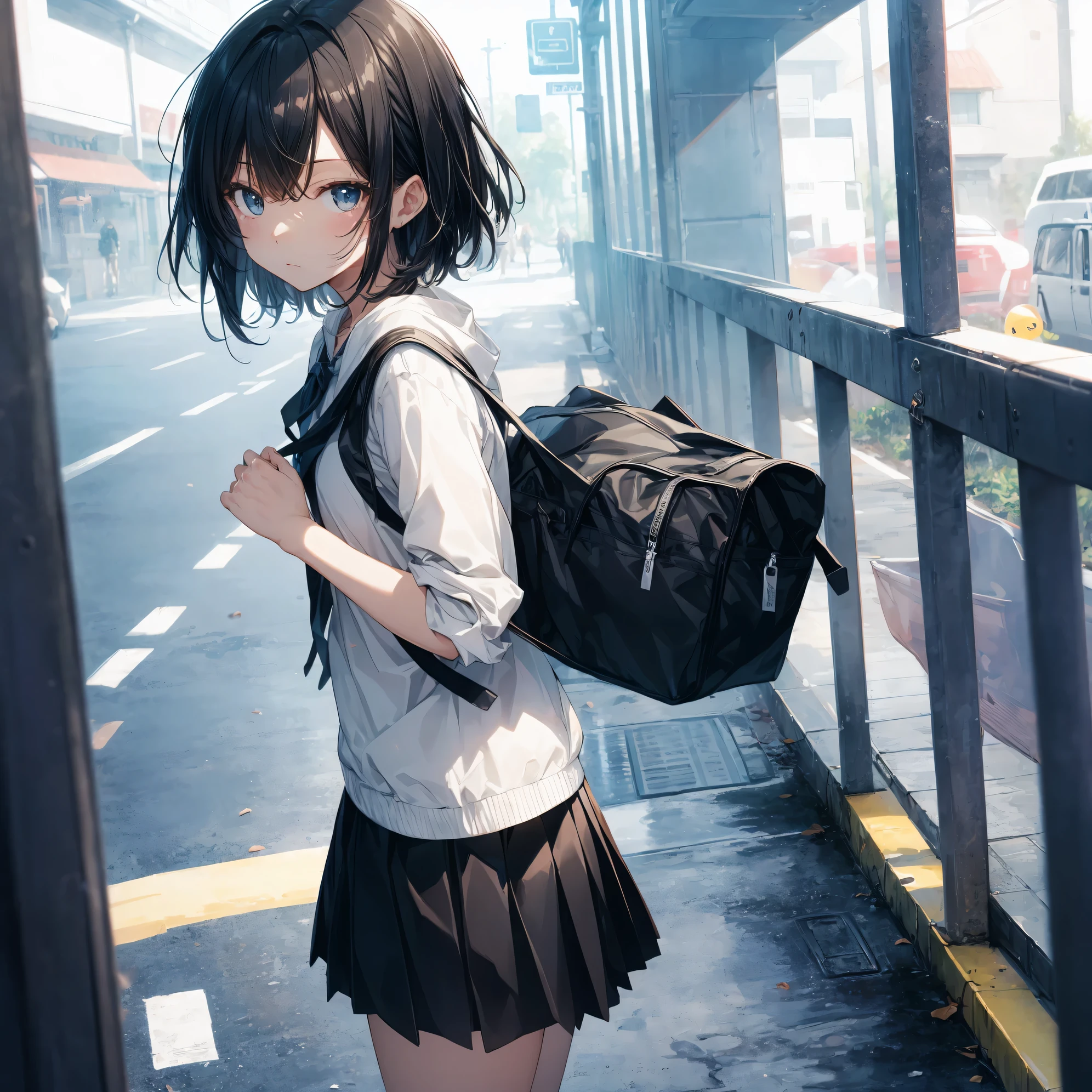 Super high quality by the art god, Ultra-detailed, High resolution, Shinkai Makoto style, anime moe art style, best anime 8K konachan wallpaper, Pixiv Contest Winner, Perfect Anatomy, BREAK,(Please draw a sleepy girl going to school alone.. ),BREAK, a hyperrealistic schoolgirl, (Solo,Lori,child,13years:1.3),Full limbs, complete fingers,a junior high school student, Androgynous attraction, (extra very short hair), hair messy, flat and soft chest, Small butt, groin, Small eyes,Beautiful detailed black eyes, Well-proportioned iris and pupils, disgusted eye, High resolution detailed hair, School uniform, Skirt, On the way to school. BREAK,Ultra-detailed細なスキン, Best lighting by famous artists, 8K, Illustration,