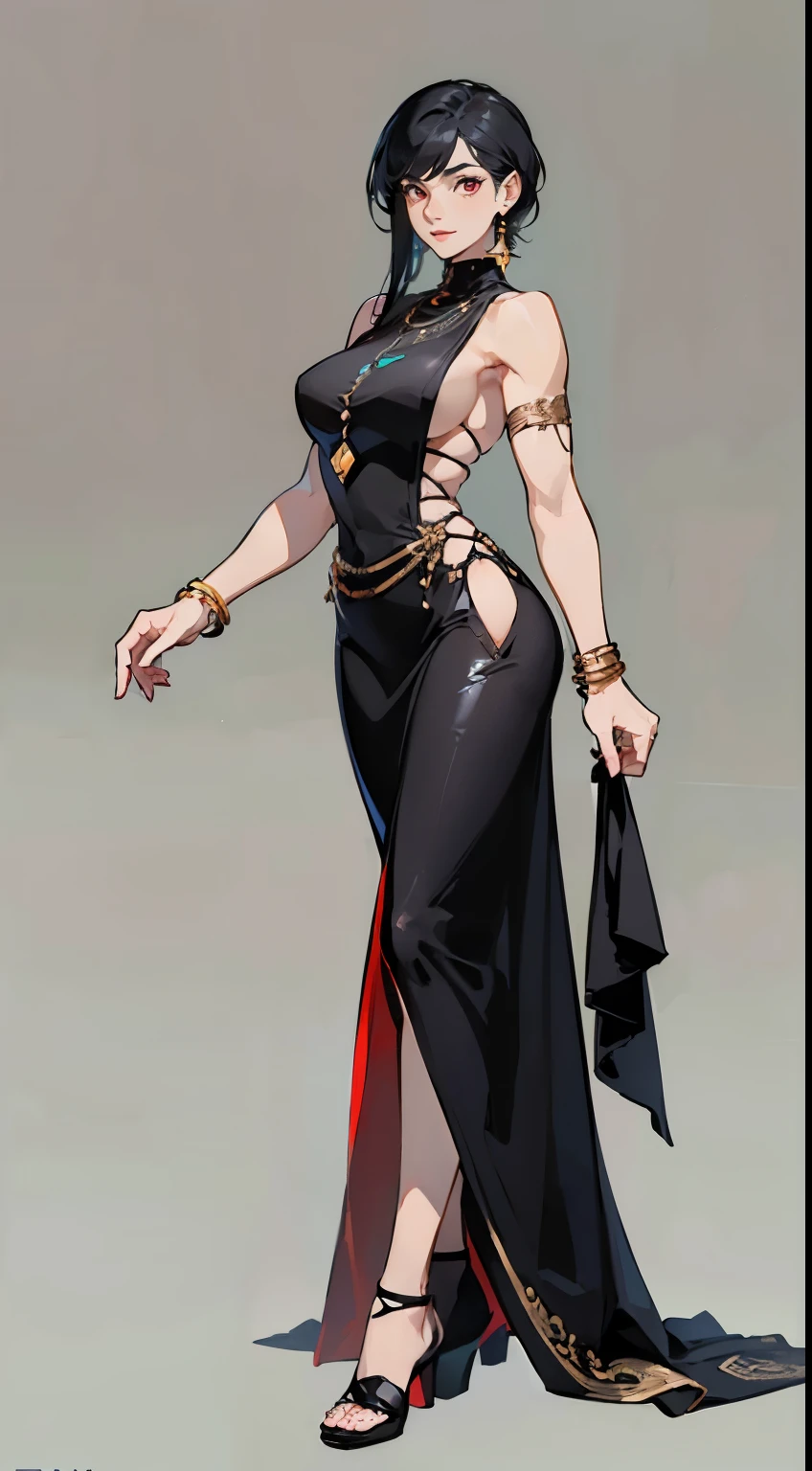 ((masterpiece,best quality,8k,highres)),((character concept art)), 1 female, middle-age adult, merchant guild leader, 180cm height, extraordinary gorgeous, great smile, shapely breasts, hourglass body shape ((muscular)), ultra finely detailed eyes (red eyes colour), intricate details, big back head hairstyle ((black hair colour)), super finely detailed hands, ultra finely detailed fingers (((ten fingers))), sleeveless merchant outfit (black colour), short black skirt, earrings, bracelet, necklace, standing still, hand still, no hand gesture, full body showcase, (show full body), (no logos on background), (no logo), ((simple background)), ((plain background)),((plain background)), (((empty background)))