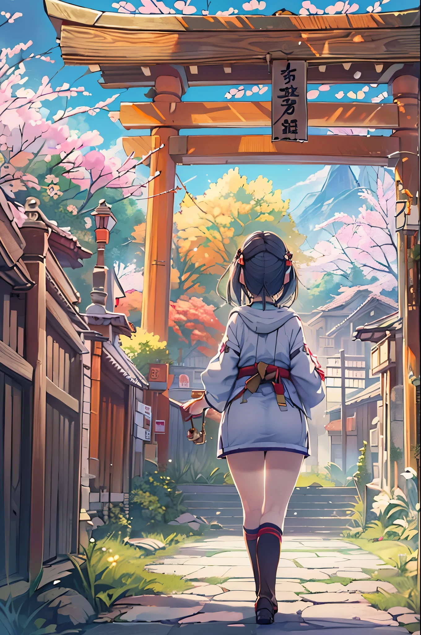 huge-breasted、kawaii、(Sunny Clothes)、torii gate、{{close up to face}}、eye closed、bbw、thick thight、big butts、Ultramammy, Winter days, Anime Background Art, japanese art style, beautiful anime scene,detailed scenery - width 672, Background art, Anime landscapes, Anime Background, Beautiful anime scenery, Beautiful peace scenes in anime, landscape artwork, Japan Village, Anime landscapesコンセプトアート, 8K))、New Year’s Day、1 moon、Pray、Praying to God with palms togethecing front