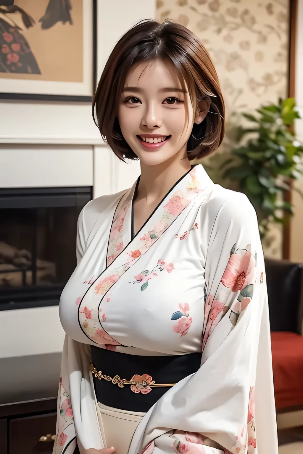 (1 Ultimate Beautiful Mature Woman), hyperdetailed face, Detailed lips, A detailed eye, 二重まぶた, Brunette Bob Hair, (grin), ((Beautiful teeth)), large full breasts,　(((She is wearing a gorgeous Japanese kimono with delicate floral patterns.。))), (((Cowboy Shot))), perfect bodies, face perfect, Perfect fit, ((depth of fields)), Perfect image realism, (((Background with:Living room of the house)))、詳細なBackground with, detailed costume, Perfect litthing、Hyper-Realism、Photorealsitic、8K maximum resolution, (​masterpiece), ighly detailed, Professional