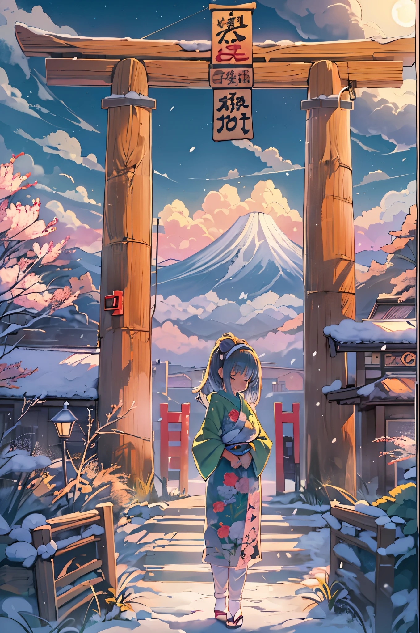 huge-breasted、kawaii、(Sunny Clothes)、torii gate、{{close up to face}}、eye closed、bbw、thick thight、big butts、Ultramammy, Winter days, Anime Background Art, japanese art style, beautiful anime scene,detailed scenery - width 672, Background art, Anime landscapes, Anime Background, Beautiful anime scenery, Beautiful peace scenes in anime, landscape artwork, Japan Village, Anime landscapesコンセプトアート, 8K))、New Year’s Day、1 moon、Pray、Praying to God with palms togethecing front