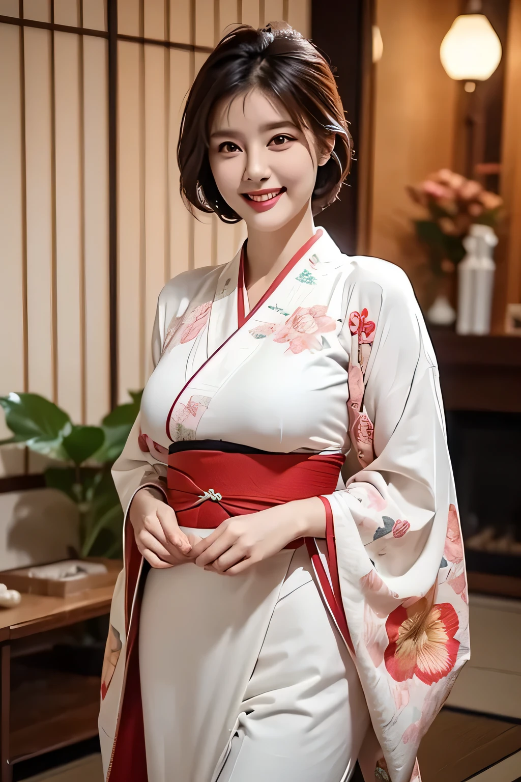 (1 Ultimate Beautiful Mature Woman), hyperdetailed face, Detailed lips, A detailed eye, 二重まぶた, Brunette Bob Hair, (grin), ((Beautiful teeth)), large full breasts,　(((She is wearing a Japanese kimono with delicate decorations.))), ((Cowboy Shot)), perfect bodies, face perfect, Perfect fit, ((depth of fields)), Perfect image realism, (((Background with:Living room of the house)))、詳細なBackground with, detailed costume, Perfect litthing、Hyper-Realism、Photorealsitic、8K maximum resolution, (​masterpiece), ighly detailed, Professional
