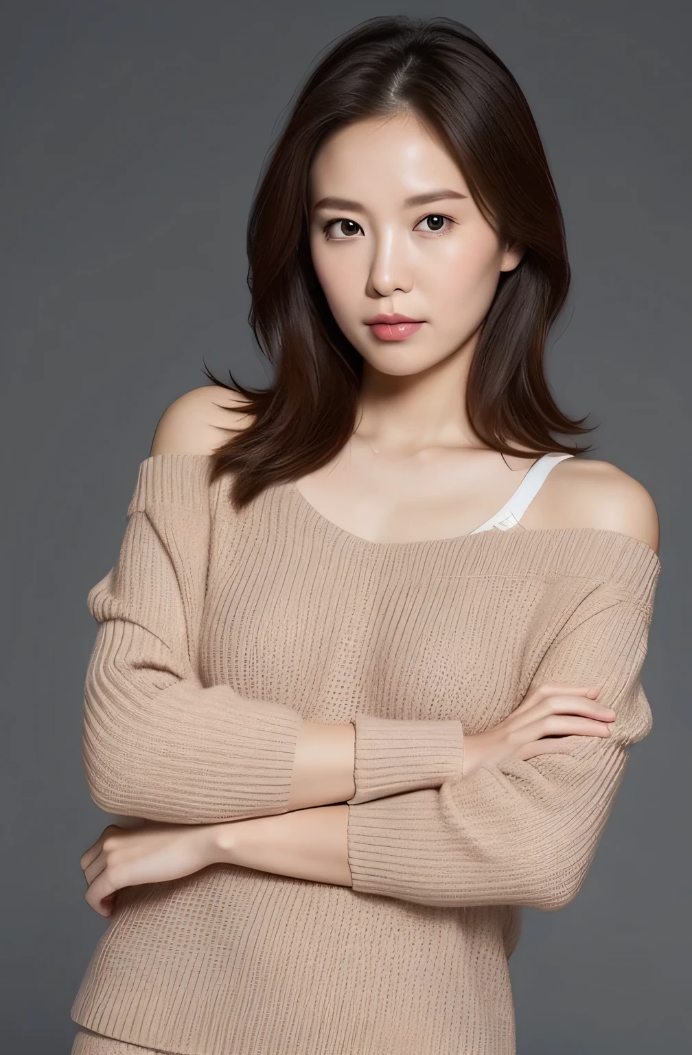 hight resolution, high-level image quality, high detailing, ​masterpiece, Textured skin, tre anatomically correct, sharp, greybackground((japanes, 18year old)), 独奏, large breasts with good shape, Straight light brown hair that reaches to the shoulders, chubby figure (((erect through, facing the center of the screen.))), Close your mouth and look straight ahead with a serious face, Sweaters, skirt by the, ((cowboy  shot)),
