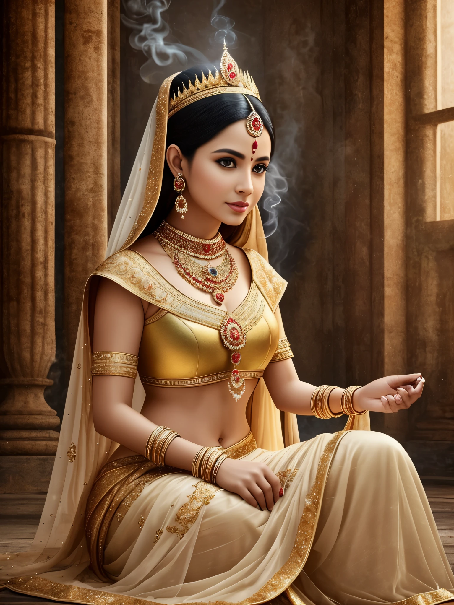 a beautiful Indian queen,dress in ancient indian,covering white and gold cloth, the fire is burning around her, Firestorm Photoshop Action work in her body,meditating inside a beautiful castle, Indian art, a lot of women serving women, sitting, praying,compassion, the fire is burning inside the castle, there is smoke, photography, oil painting, unreal engine 5, ultra-realistic, high detail, high resolution, 64k, UHD, widescreen, landscape." --auto --s2