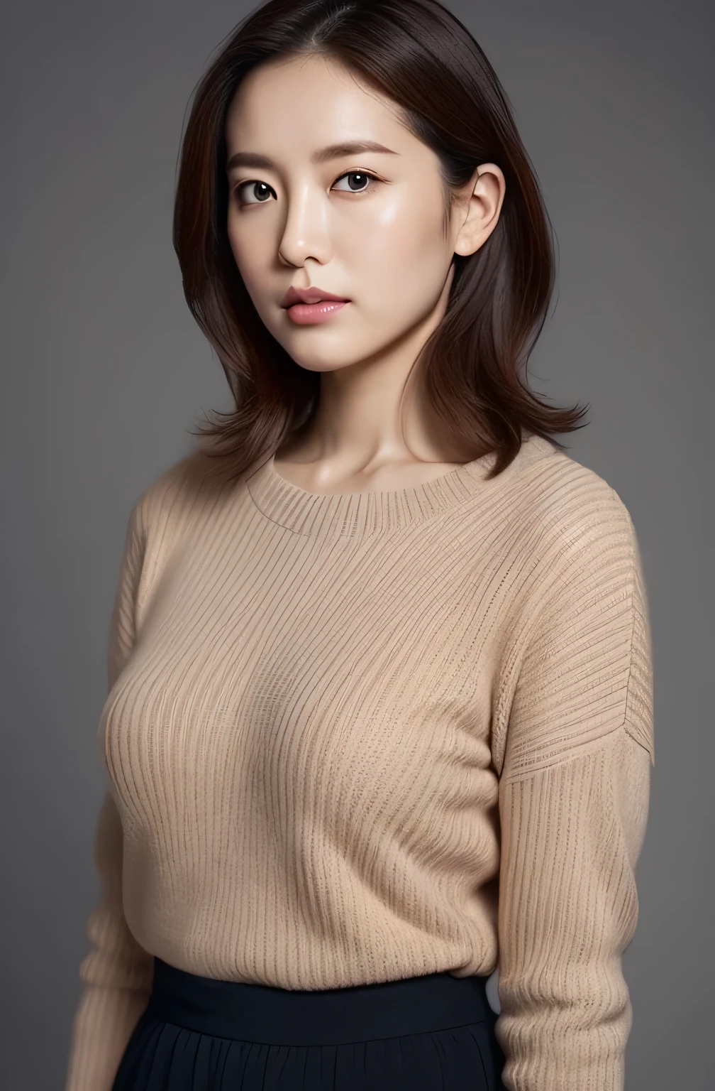 hight resolution, high-level image quality, high detailing, masterpiece, Textured skin, tre anatomically correct, sharp, greybackground((japanes, 18year old)), 独奏, large breasts with good shape, Straight light brown hair that reaches to the shoulders, chubby figure (((erect through, facing the center of the screen.))), Close your mouth and look straight ahead with a serious face, Sweaters, skirt by the, ((cowboy shot)),
