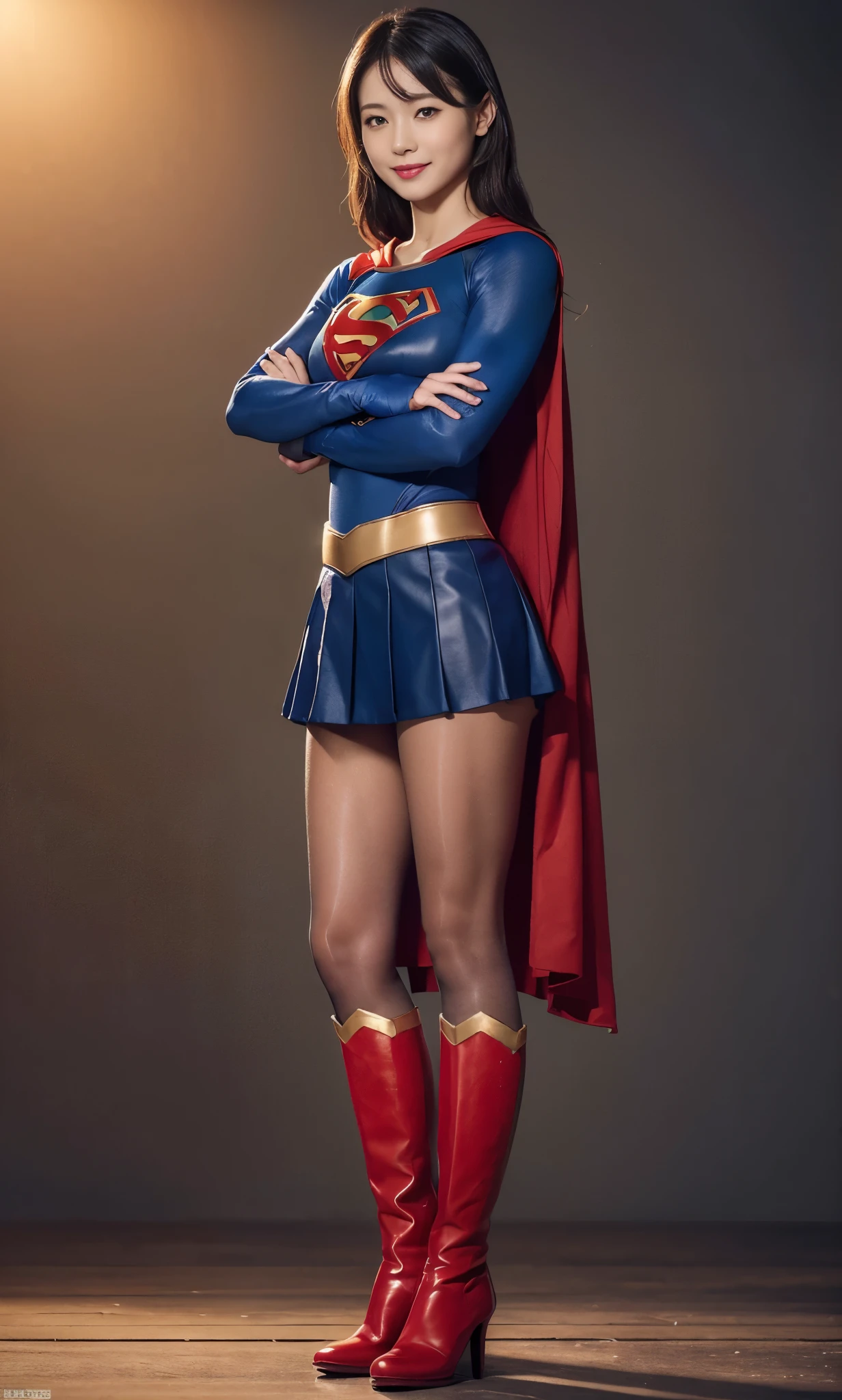 No background、Snug Supergirl costume、Costume that fits the body、and draw the full body、(((Wear black tights on your beautiful legs.)))、(((Grow legs、tall、Legally express the beauty of your smile)))、((((Make the most of the original image)))、(((Supergirl Costume)))、(((beautiful hairl)))、(((Suffering)))、(((Feet must necessarily be worn with black tights)))、(((You need to wear red boots)))、((Top image quality、8K))、((top-quality、8K、masterpiece:1.3))、(((Keep Background )))、Crisp focus:1.2、Beautiful woman with perfect body shape:1.4、Slender Abs:1.2、a wet body:1.5、Highly detailed facial and skin texture、8K