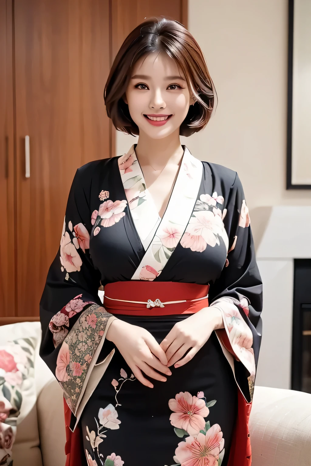(1 Ultimate Beautiful Mature Woman), hyperdetailed face, Detailed lips, A detailed eye, 二重まぶた, Brunette Bob Hair, (grin), ((Beautiful teeth)), large full breasts, (((She is wearing a gorgeous Japanese kimono with delicate floral patterns.。.。.。.。))), (((Cowboy Shot))), perfect bodies, face perfect, Perfect fit, ((depth of fields)), Perfect image realism, (((Background with:Living room of the house)))、詳細なBackground with, detailed costume, Perfect litthing、Hyper-Realism、Photorealsitic、8K maximum resolution, (masterpiece), ighly detailed, Professional