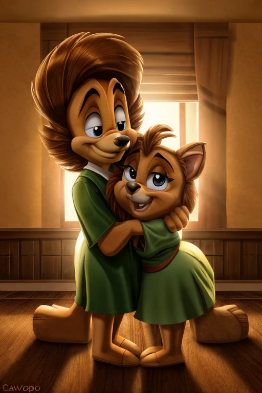 Disney-inspired cartoon illustration: In a room illuminated by the soft light of evening. 25 years old couple playing with cavopoo puppy