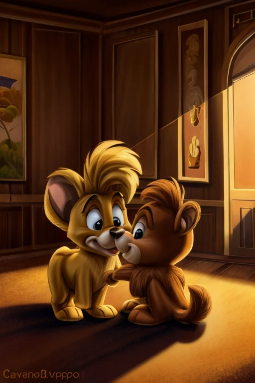 Disney-inspired cartoon illustration: In a room illuminated by the soft light of evening. 25 years old couple playing with cavopoo puppy