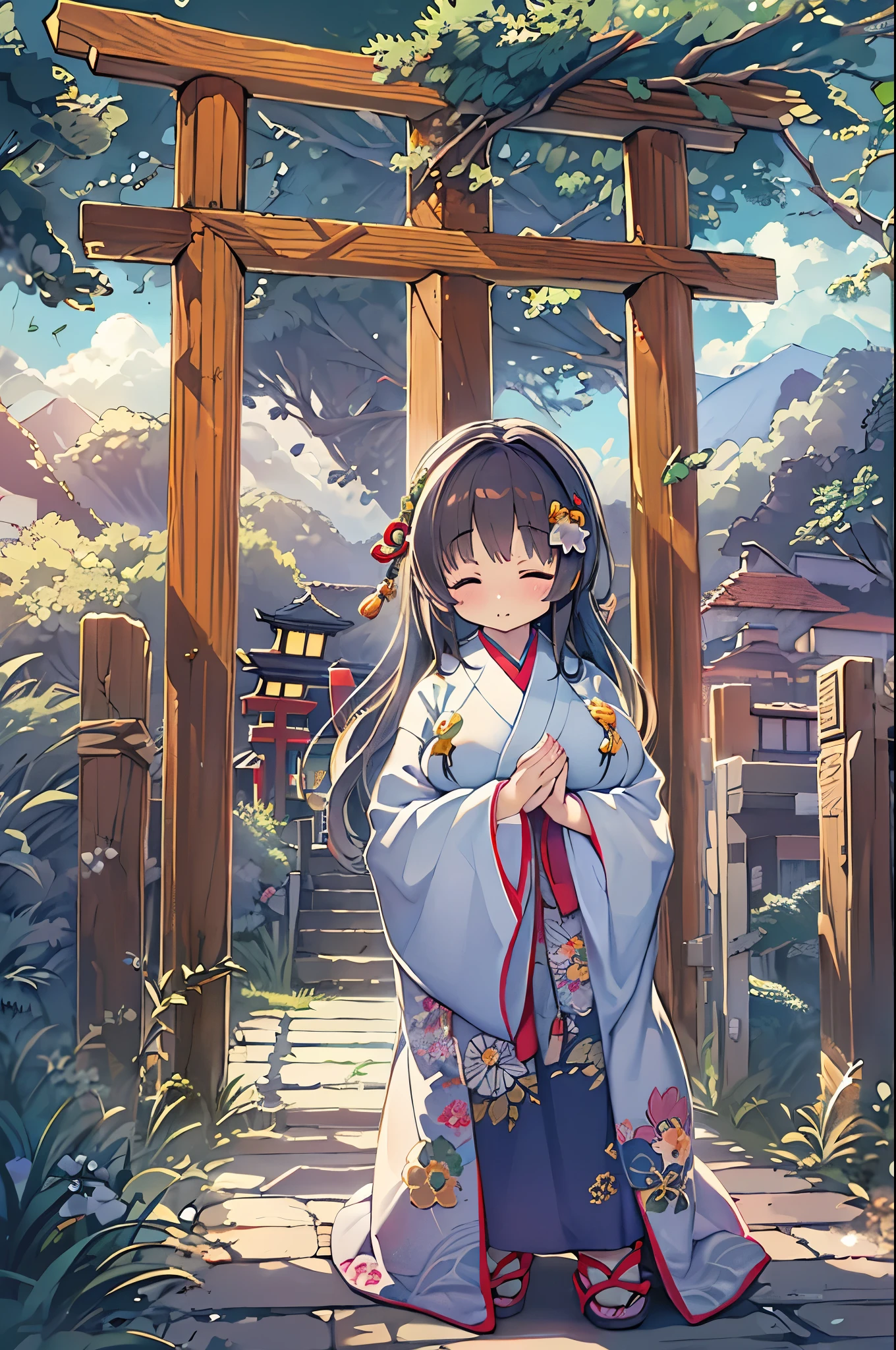 huge-breasted、kawaii、(Sunny Clothes)、torii gate、{{close up to face}}、eye closed、bbw、thick thight、big butts、Ultramammy, Winter days, Anime Background Art, japanese art style, beautiful anime scene,detailed scenery - width 672, Background art, Anime landscapes, Anime Background, Beautiful anime scenery, Beautiful peace scenes in anime, landscape artwork, Japan Village, Anime landscapesコンセプトアート, 8K))、New Year’s Day、1 moon、Pray、Praying to God with palms togethecing front
