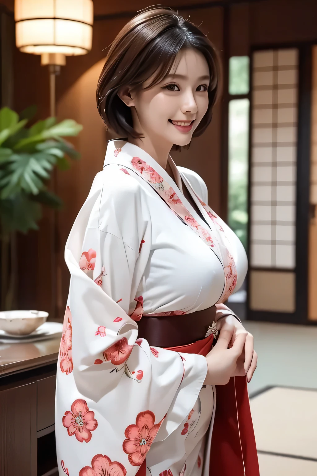 (1 Ultimate Beautiful Mature Woman), hyperdetailed face, Detailed lips, A detailed eye, 二重まぶた, Brunette Bob Hair, (grin), ((Beautiful teeth)), large full breasts, (((Wearing a Japanese kimono with gorgeous and delicate floral patterns))), (The collar of the kimono is double), (((Cowboy Shot))), perfect bodies, face perfect, Perfect fit, ((depth of fields)), Perfect image realism, (((Background with:Living room of the house)))、詳細なBackground with, detailed costume, Perfect litthing、Hyper-Realism、Photorealsitic、8K maximum resolution, (masterpiece), ighly detailed, Professional