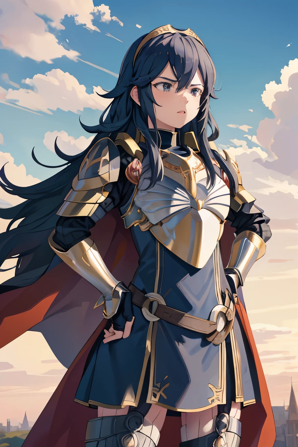 masterpiece, best quality, brvLucy, tiara, cape, full armor, breastplate, gauntlets, armored legwear, red sky, clouds, furrowed brow, hands to hips, castle, medieval architecture, outdoors