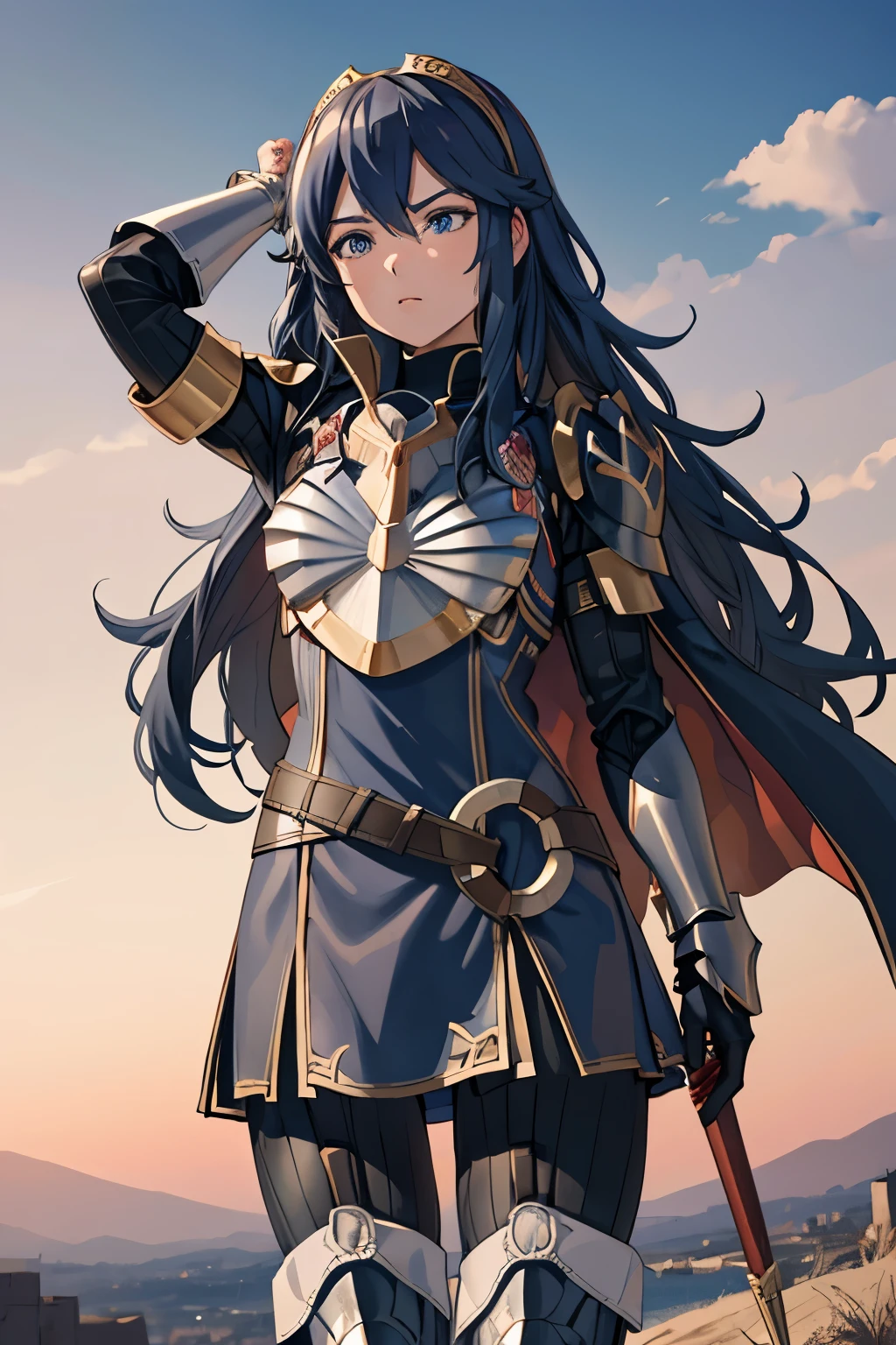 masterpiece, best quality, brvLucy, tiara, cape, full armor, breastplate, gauntlets, armored legwear, red sky, clouds, furrowed brow,castle, medieval architecture, outdoors