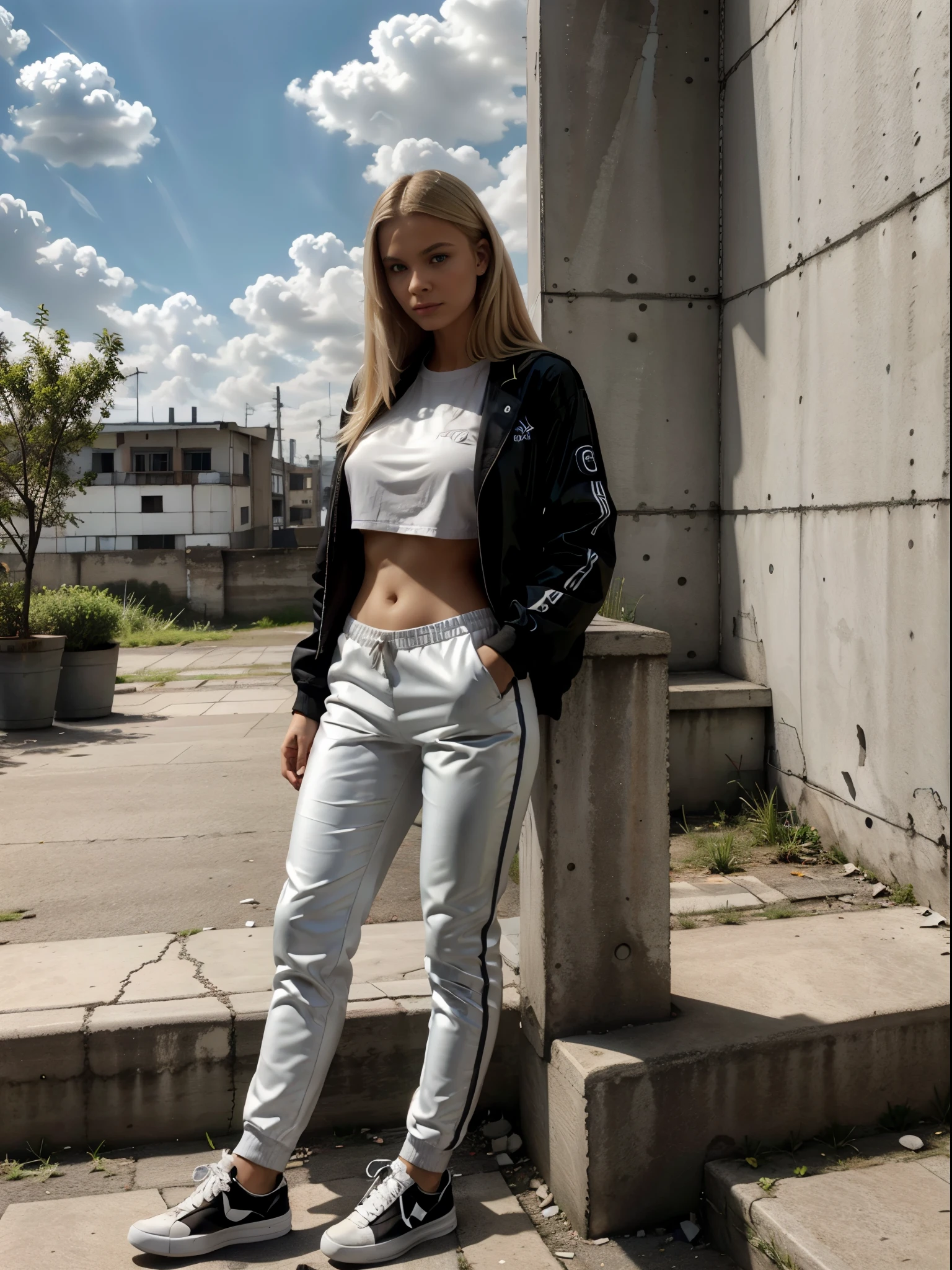 (Beautiful Russian Feminine Woman), (Athletic Perfect skin:1.4), (Blonde Straight Shiny Hair:1.2), (Black_Track_Suit_Jacket Black_Track_Suit_Pants:1), (White Low_cut Casual White_Shoe_Laces Sneakers:1), (Ear_Buds White:1), (Urban wartorn background Crumbling_Buildings tall_aparment_buildings cracked_pavement concrete_ground single flower growing out of concrete rubble apartment_buildings:1), (Perfect_Day Sunny Cumulus_Clouds:1.2),