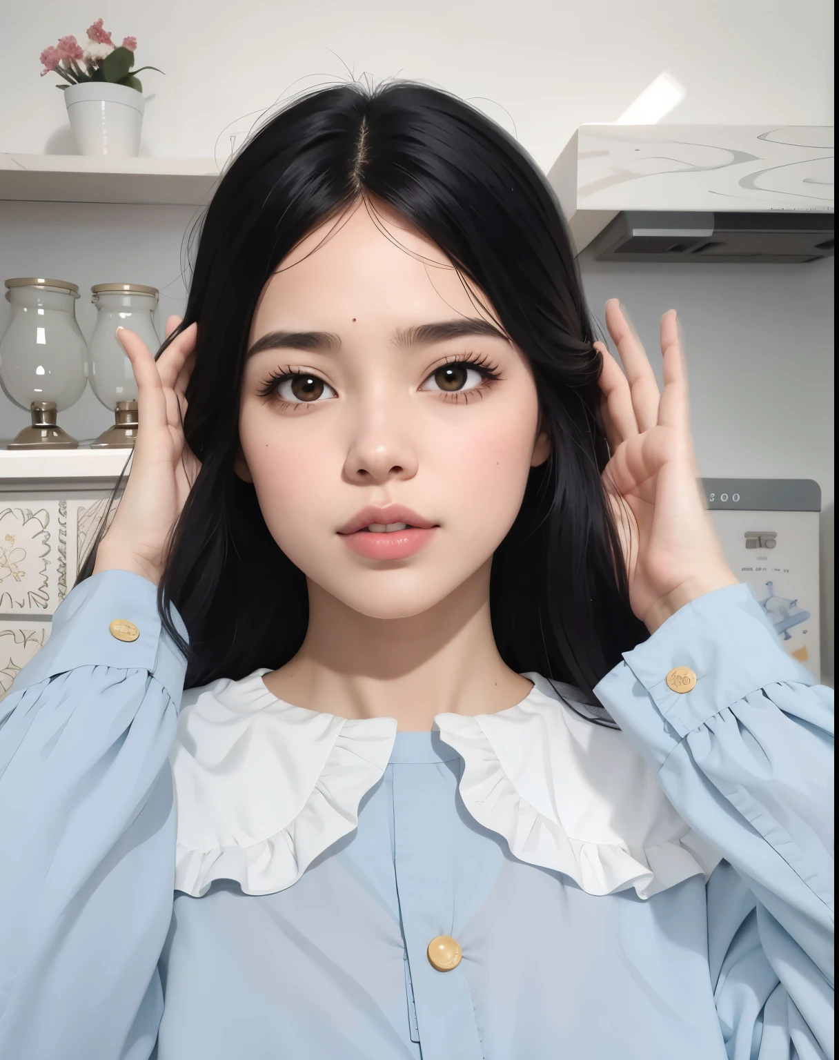 Hay una mujer con cabello negro largo muy largo, cabello negro esponjoso y una camisa azul., Retrato realista kawaii, Estilo realista de anime 3D, [ Arte digital 4K ]!!, Obras de arte al estilo de Guweiz, fotorrealista!!!!!!! Artistic style, inspirado por Sim Sa-jeong, Artistic style realista, Estilo de realismo de anime, Anime 3D realista, Pintura realista de chica linda, realismo artstyle