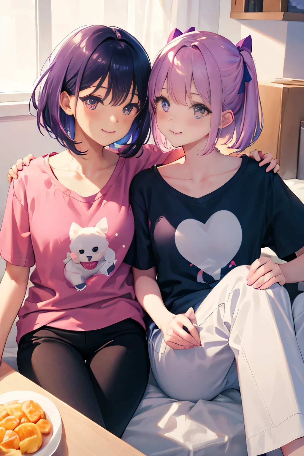 Masterpiece, best quality, super detailed, illustration, beautiful detailed eyes, close up, 2 people, 2 others, woman and man, the woman is purple hair, pink bow, white pajamas, the man is blue short hair, warm color t-shirt, black pants, smile