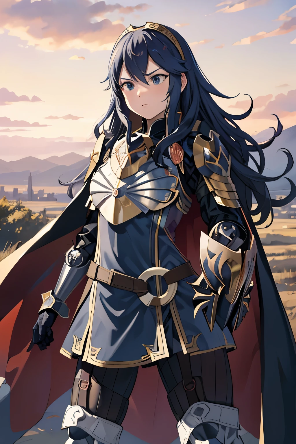 masterpiece, best quality,  brvLucy, tiara, cape, full armor, breastplate, gauntlets, armored legwear, fighting stance, red sky, clouds, furrowed brow,castle, medieval architecture, outdoors