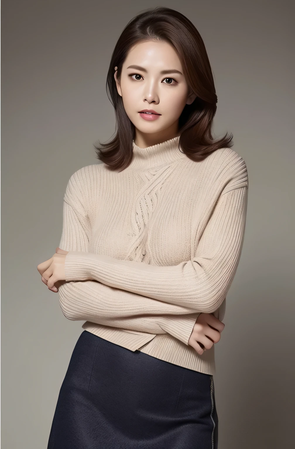 hight resolution, high-level image quality, high detailing, masterpiece, Textured skin, tre anatomically correct, sharp, greybackground((japanes, 20yr old)), 独奏, large breasts with good shape, Straight light brown hair that reaches to the shoulders, chubby figure (((erect through, facing the center of the screen.))), Close your mouth and look straight ahead with a serious face, Sweaters, skirt by the, ((cowboy shot)),