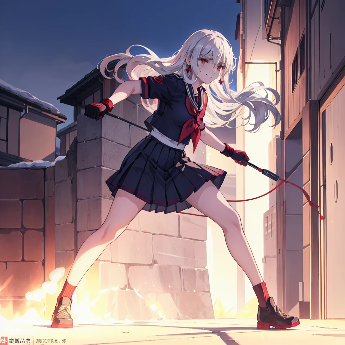 sukeban illyasviel_von_einzbern, mature_female, silver hair, holding yoyo, combat pose, full body, flowing hair, hair between the eyes, asymmetrical hair, red eyes, delicate facial features, sukeban deka clothe, looking_at_viewer, outdoors, background tokyo, ((solo, solo focus, solo girl,1girl))+++++,woman in a 80's sukeban seifuku standing on a set of strees, black school uniform, 80's japanese sukeban photo, sukeban seifuku, 80's japan, sukeban, long black skirt, red converse, full body, light skin tone female, full body, tape, arm_support, gloves, red_gloves, bridal gauntlets, blackred_footwear, fighter outfit, full body, hourglass, mature face, cheeky smile, cheeky face, wrinkles,( silver long hair, earrings, ear piercings), realistic, (fighting art, Martial arts, standing, fighting_stance, fight, fighting), extra colors, 2D, megapixel, perfectionism, accent lighting, full HD , 4K, masterpiece, empty red eyes