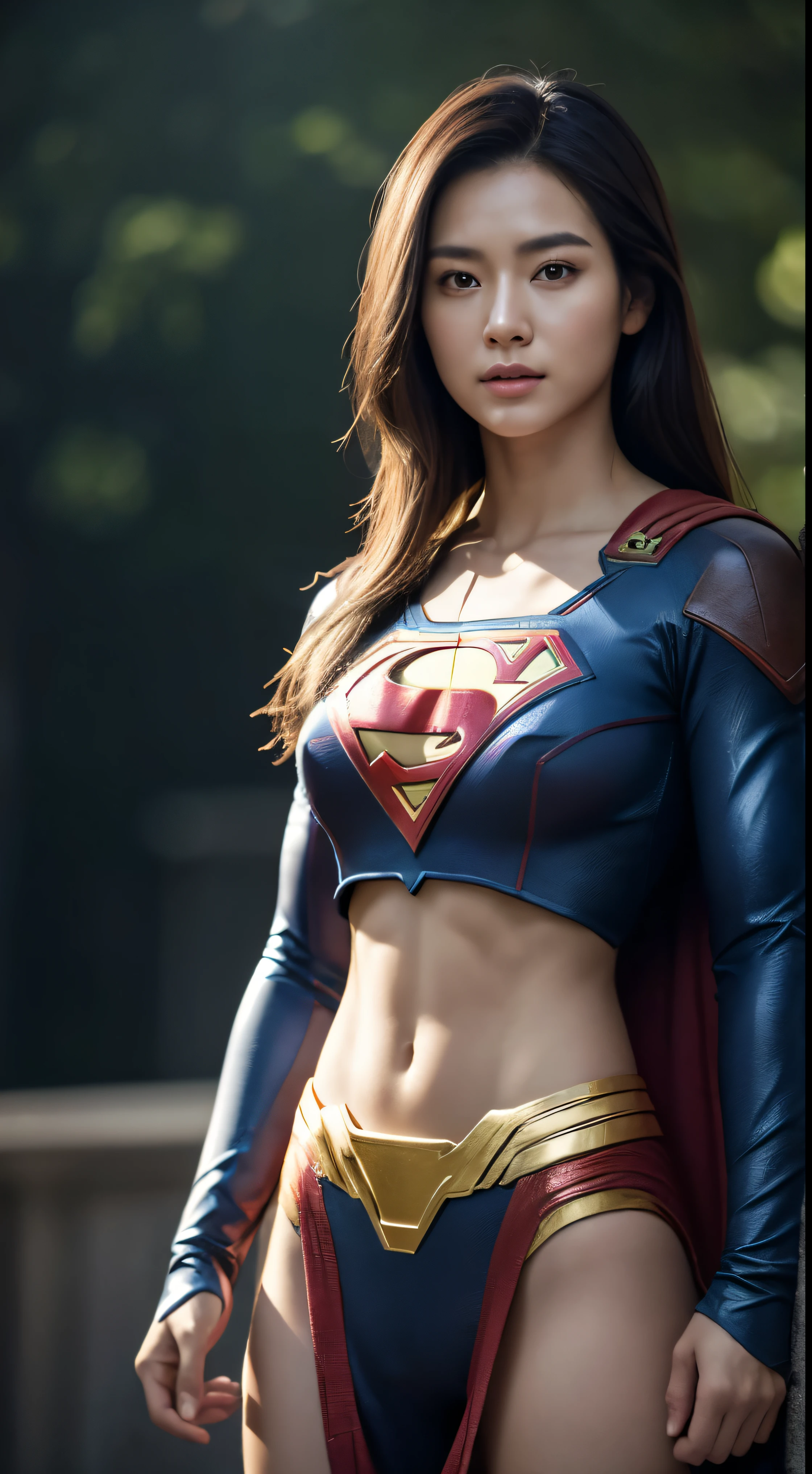 1girl in, Beautiful girl of half Thai-Japanese descent,Blonde Hair,(Supergirl suit), Superman logo, dark hair, Slim body,big nipple,FULL SHOT, standing pose, looking at the audience,(Morning glow), foggy,detailed background,real light、drawing、master-piece、reallistic、Realism、photorealisim、high contrast、สถานีศิลปะภาพเหมือนจริงที่กําลังมาแรงศิลปะดิจิตอล 8k HD high-resและdetaildสมจริง, detaild, skin texture, detaildพิเศษ, hyper-realistic texture, armature, 最高品質, 超high-res, (real light:1.4),, high-res, detaild, raw picture, sharp re, Nikon D850 film stock photo by Lee Jefferies 4 Kodak Portra 400 F1 camera.6 color lenses, brightly colored, hyper-realistic texture. Incredible lighting, Unreal engine, Trends of artstation synestil 800,
