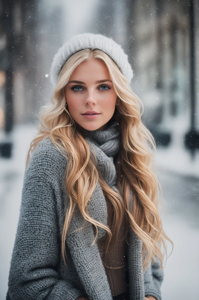 professional portrait photograph of a gorgeous Norwegian girl in winter clothing with long wavy blonde hair, sultry flirty look, (freckles), gorgeous symmetrical face, cute natural makeup, wearing elegant warm winter fashion clothing, ((standing outside in snowy city street)), stunning modern  environment, ultra realistic, concept art, elegant, highly detailed, intricate, sharp focus, depth of field, f/1. 8, 85mm, medium shot, mid shot, (((professionally color graded))), bright soft diffused light, (volumetric fog), trending on instagram, hdr 4k, 8k