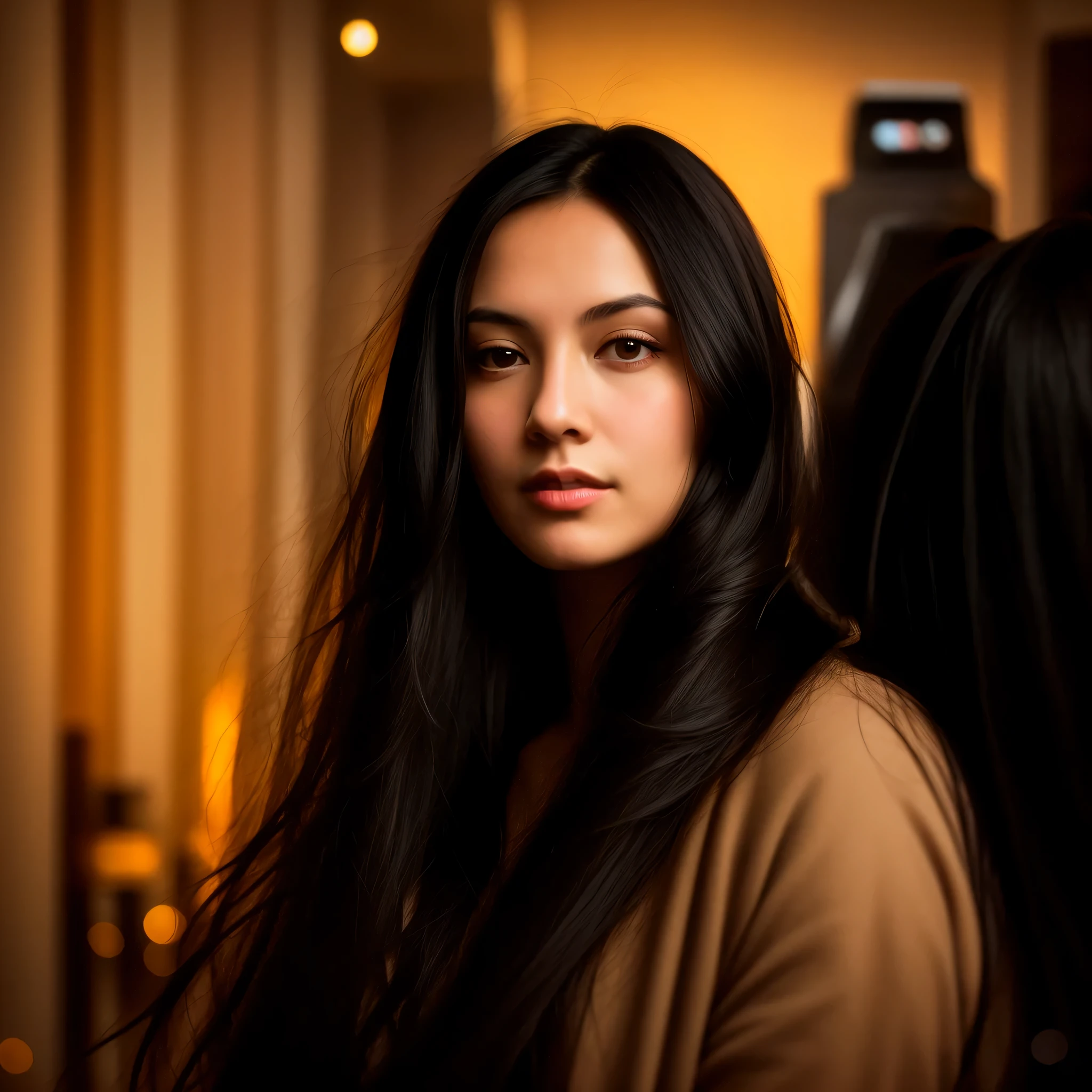 arafed woman with long black hair and a brown coat, female with long black hair, young woman with long dark hair, color photograph portrait 4k, 50 mm lens photo portrait, cinematic headshot portrait, photography portrait 4 k, 7 0 mm portrait, 50mm portrait, 60mm portrait, cinematic portrait, woman with black hair, beautiful portrait lighting