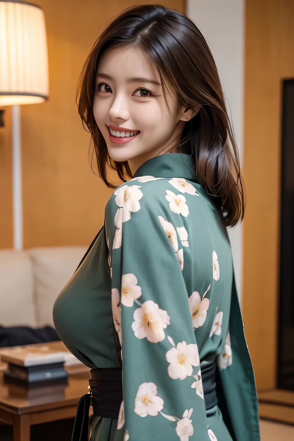 （Recognize and generate differences between Japanese and Korean obi、Japanese obi is tied at the back、No need to show the belt knot on your back.、Generate forward), (1 Ultimate Beautiful Mature Woman), hyperdetailed face, Detailed lips, A detailed eye, 二重まぶた, Brunette Bob Hair, (grin), ((Beautiful teeth)), large full breasts,　(((She、She is wearing a Japanese tomesode made of soot green fabric with a luxurious and delicate floral pattern。))), (Double-close the collar of the kimono....), (((Tighten your knotless yellow Japanese obi))), (((Cowboy Shot))), perfect bodies, face perfect, Perfect fit, ((depth of fields)), Perfect image realism, (((Background with:Living room of the house)))、詳細なBackground with, detailed costume, Perfect litthing、Hyper-Realism、Photorealsitic、8K maximum resolution, (​masterpiece), ighly detailed, Professional