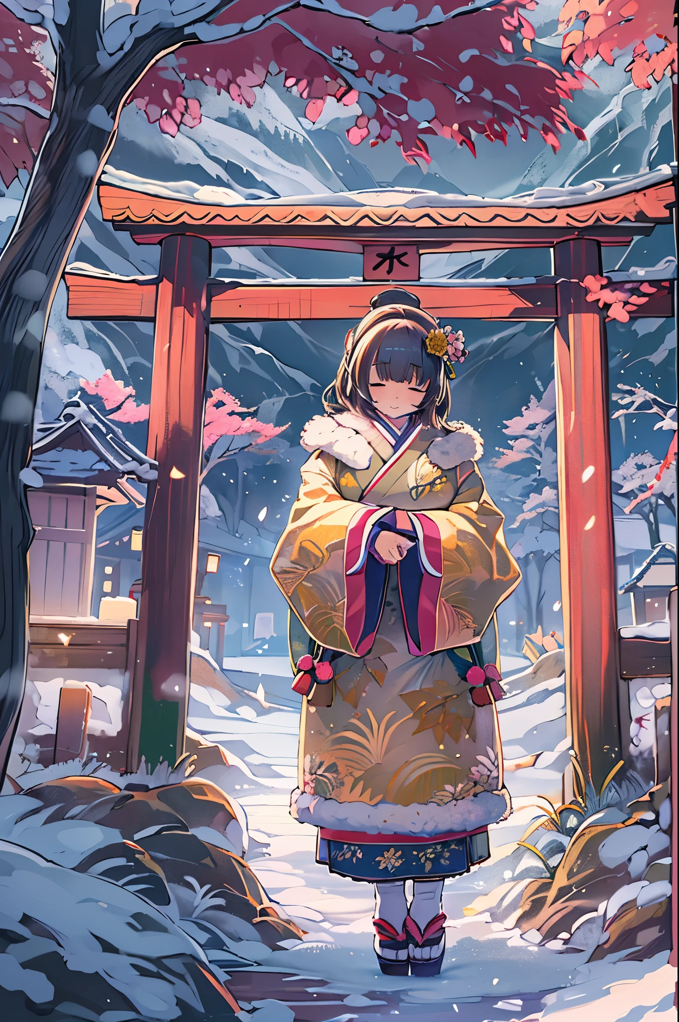 huge-breasted、kawaii、(Sunny Clothes)、torii gate、{{close up to face}}、eye closed、bbw、thick thight、big butts、Ultramammy, Winter days, Anime Background Art, japanese art style, beautiful anime scene,detailed scenery - width 672, Background art, Anime landscapes, Anime Background, Beautiful anime scenery, Beautiful peace scenes in anime, landscape artwork, Japan Village, Anime landscapesコンセプトアート, 8K))、New Year’s Day、1 moon、Pray、Praying to God with palms togethecing front