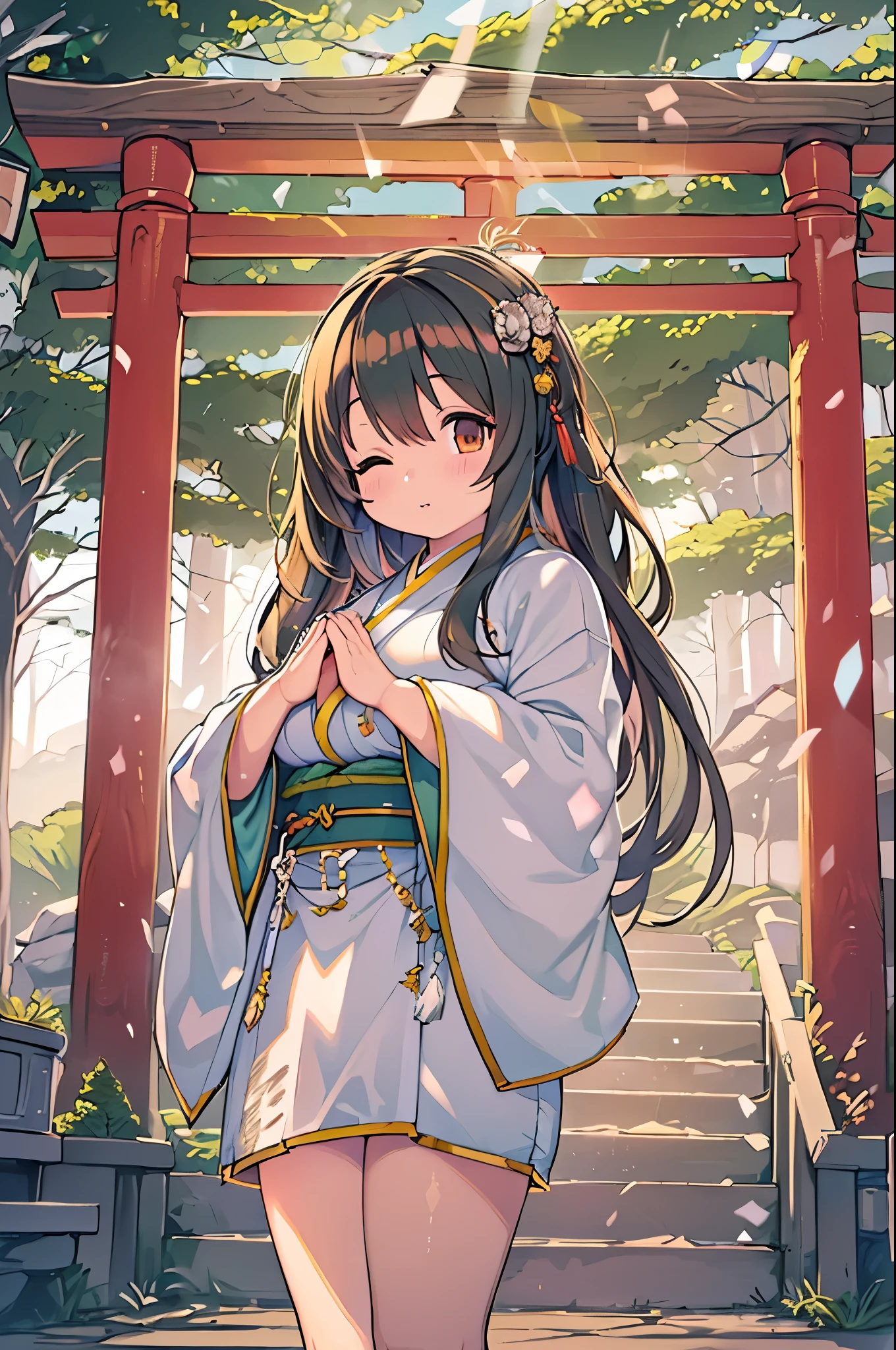 huge-breasted、kawaii、(Sunny Clothes)、torii gate、{{close up to face}}、eye closed、bbw、thick thight、big butts、Ultramammy, Winter days, Anime Background Art, japanese art style, beautiful anime scene,detailed scenery - width 672, Background art, Anime landscapes, Anime Background, Beautiful anime scenery, Beautiful peace scenes in anime, landscape artwork, Japan Village, Anime landscapesコンセプトアート, 8K))、New Year’s Day、1 moon、Pray、Praying to God with palms togethecing front