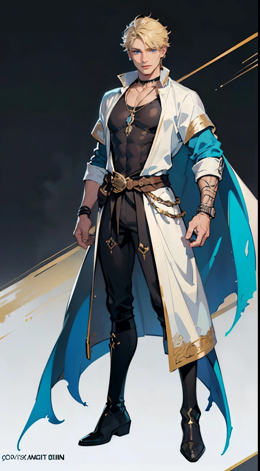 ((masterpiece,best quality,8k,highres)),((character concept art)), 1 male, young adult male, merchant guild leader, 185cm height, extraordinary handsome, charming, great smile, incredible body build ((muscular)), ultra finely detailed eyes (blue eyes colour), intricate details, man short curly hair ((blonde hair colour)), super finely detailed hands, ultra finely detailed fingers (((ten fingers))), stylish merchant outfit (black colour), black boots, bracelet, necklace, standing still, hand still, no hand gesture, full body showcase, (show full body), ((only show character)), (no logos on background), (no logo), (( background)), ((plain background)),((plain background)), (((empty background)))