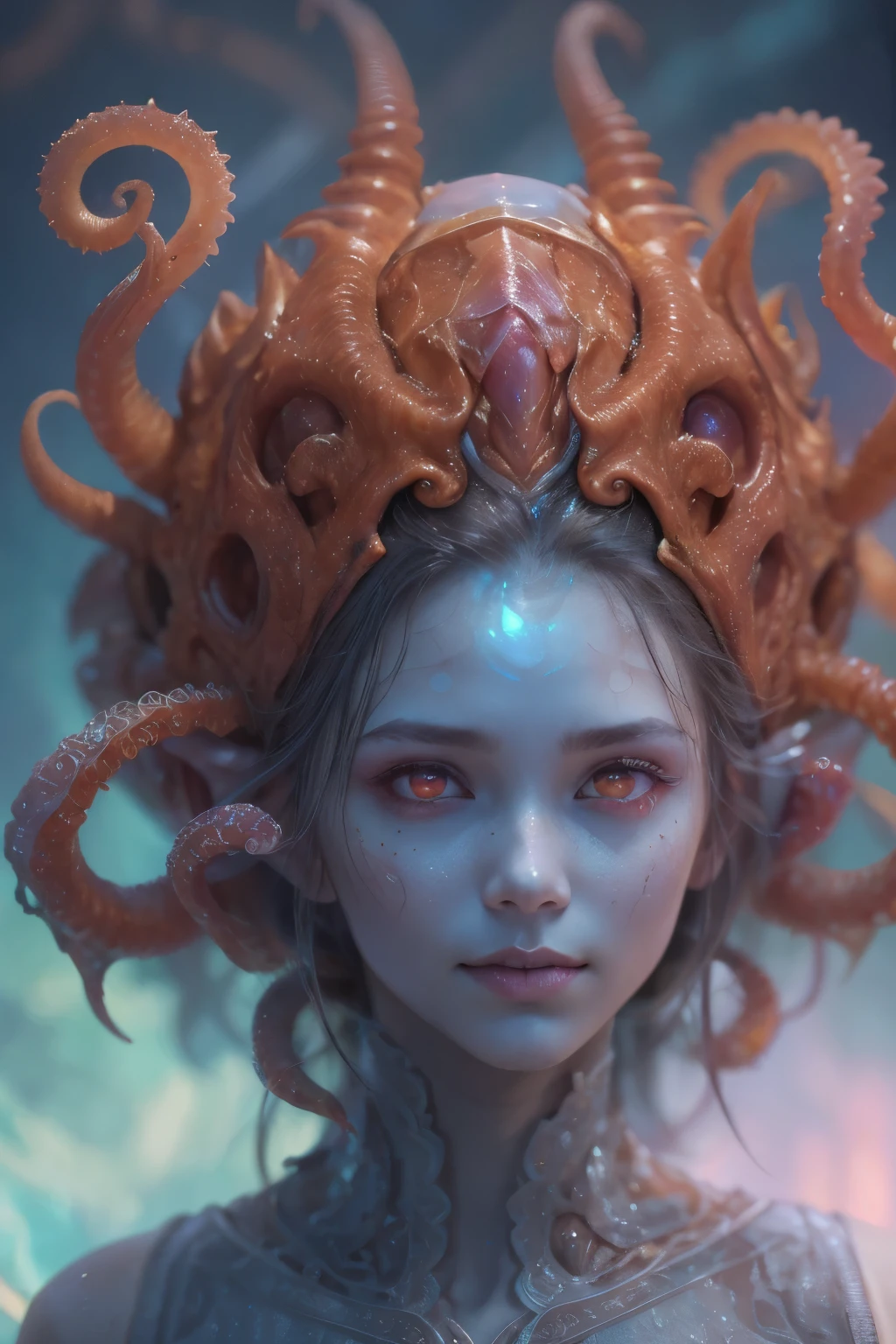 Portrait, (beautiful female alien:1.2),  (she has red eyes with no pupils:1.8), (Translucent skin:1.7),  (There is a female genital-like organ in the middle of the forehead:1.9), (The most beautiful face in the history of the universe:1.2),an evil gaze that seduces, (large mouth:1.1), (sharp teeth like a vampire:1.2), Full body like, (bio luminescent:1.5), (Smile wickedly:1.3),  (sexypose:1.5), alien, No humans, cells are fused, (Lots of translucent tentacles:1.3) extraterrestrial, cell, bio image, Best Quality, 8K,4K_quality, High Definition, Dramatic Lighting, masutepiece:1.5,cinematic quality, detail up, (Intricate details:1.2), High resolution, High Definition, drawing faithfully, (Thick eyebrows:1.2), Beautiful eyes with fine symmetry,(Highly detailed face and eyes:1.2), Intimate face, (Super detailed skin quality feeling:1.4), Perfect Anatomy,  (Beautiful toned body:1.5),  (Moist skin:1.2), No makeup, (dark circles:1.1), long canines, cinematic drawing of characters, ultra high quality model, cinematic quality, detail up, (Intricate details:1.2), High resolution, High Definition, drawing faithfully, Official art, Unity 8K wall  , 8K Portrait, Best Quality, Very High resolution, ultra detailed artistic photography, midnight aura,  unreal enginee 5, Ultra Sharp Focus, art by alberto seveso, ArtGerm, Roisch, intricate artwork, best quality, masutepiece, ultra High resolution, (photos realistic:1.4), Ultra-realistic realism, dream-like,  nautilus, Creation of fantasy, Snail, Dream Snail,  biopunk nautilus, Thrilling color schemes， Ultra-realistic realism， seductively smiling, Blue tentacles,