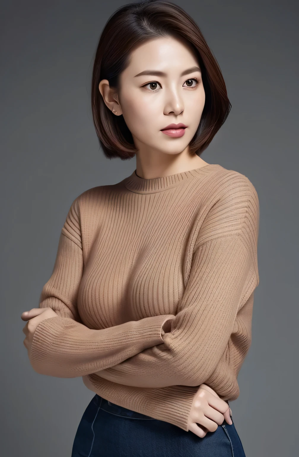 hight resolution, high-level image quality, high detailing, masterpiece, Textured skin, tre anatomically correct, sharp, greybackground((japanes, 20yr old)), 独奏, large breasts with good shape, Straight light brown hair that reaches to the shoulders, chubby figure (((erect through, facing the center of the screen.))), Close your mouth and look straight ahead with a serious face, Sweaters, skirt by the, ((cowboy shot)),