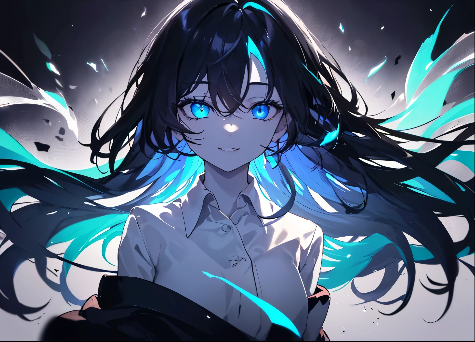 (Obra maestra, La mejor calidad, ultrahigh resolution), 1girl, standing, school uniform, white office shirt, black pleated skirt, ((jet black, jet black hair:0.7), long hair cut, pale skin, ((blue eyes)), glowing_eyes, neon eyes, (ultra detailed eyes, beautiful and detailed face, detailed eyes:0.9), ((centered)), smile, ((wide shot)), facing viewer, eye level, (black background, embers, fire), flat chested, looking at viewer, ((half closed eyes)), ((perfect hands)), (((head, arms, hips, elbows, in view))), ((hands behind back)), empty eyes, beautiful lighting, background, defined subject, 25 years old, perfect anatomy, perfect body