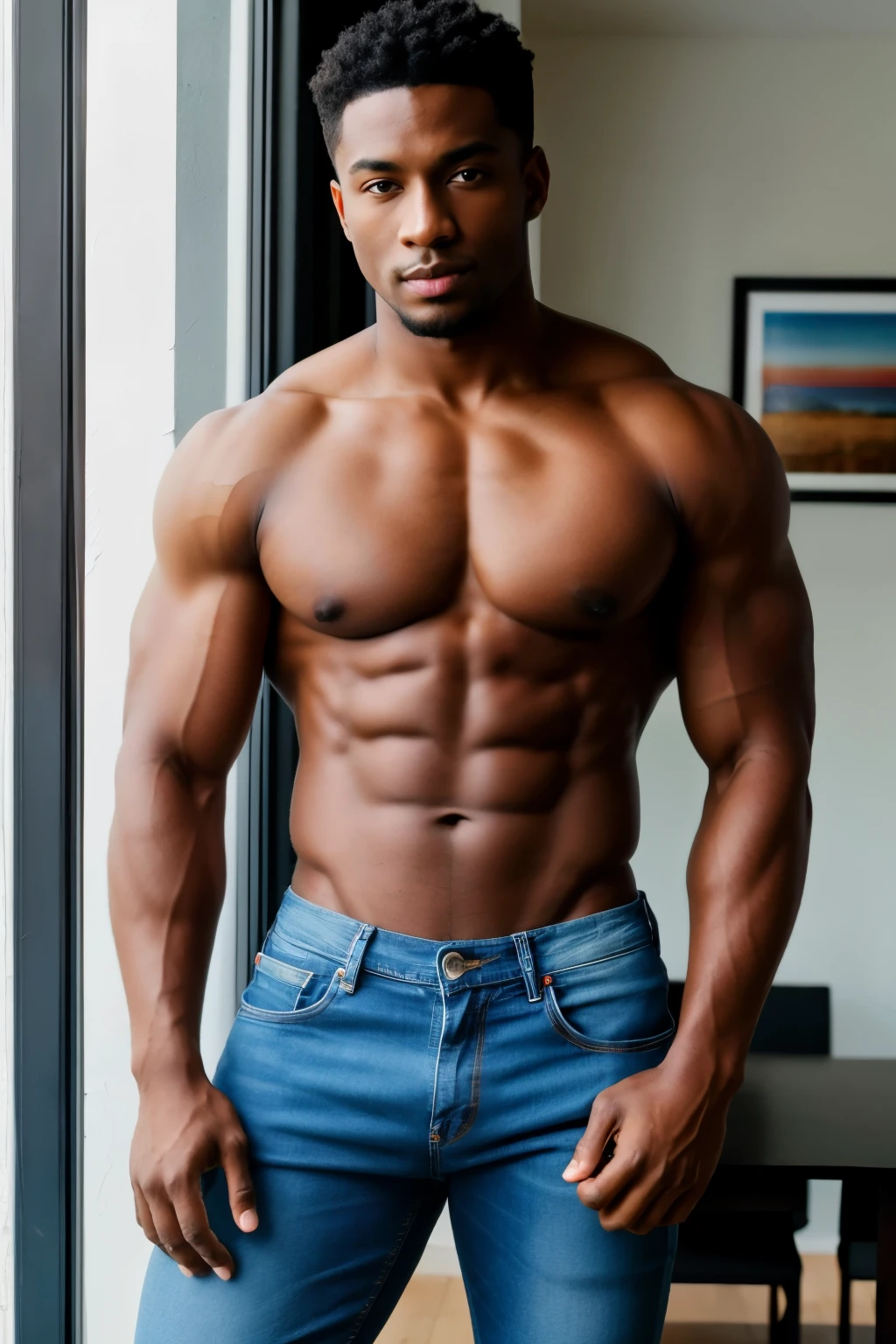 1 attractive black man, red eyes, short black hair, well defined muscles, shirtless, wearing tight jeans, 8K, Highres, looking at viewer