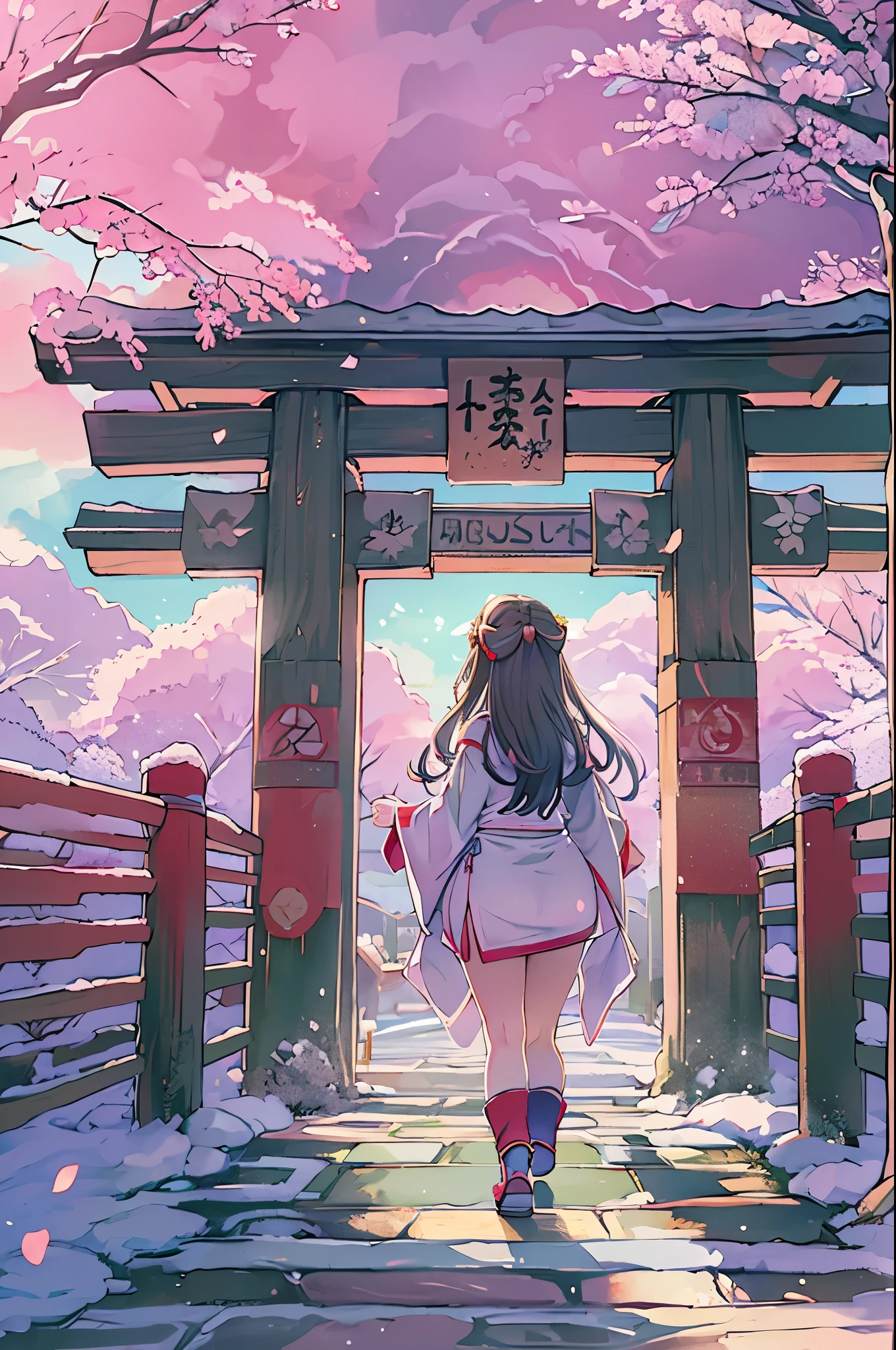 huge-breasted、kawaii、(Sunny Clothes)、torii gate、{{close up to face}}、eye closed、bbw、thick thight、big butts、Ultramammy, Winter days, Anime Background Art, japanese art style, beautiful anime scene,detailed scenery - width 672, Background art, Anime landscapes, Anime Background, Beautiful anime scenery, Beautiful peace scenes in anime, landscape artwork, Japan Village, Anime landscapesコンセプトアート, 8K))、New Year’s Day、1 moon、Pray、Praying to God with palms togethecing front
