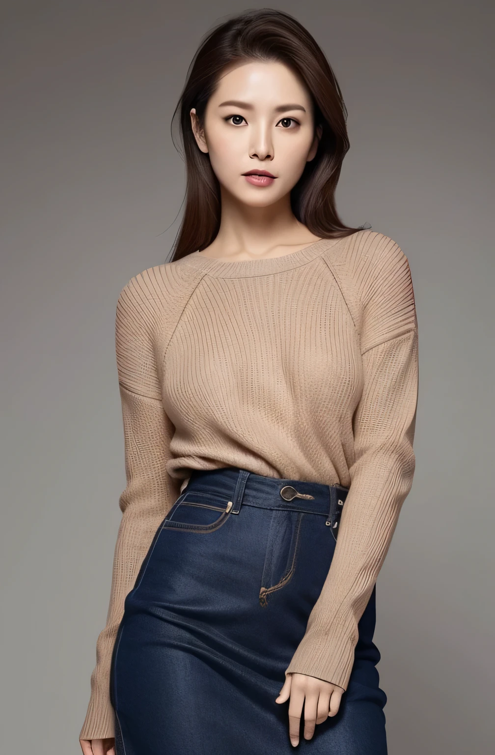 hight resolution, high-level image quality, high detailing, masterpiece, Textured skin, tre anatomically correct, sharp, greybackground((japanes, 25-years old)), 独奏, large breasts with good shape, Straight light brown hair that reaches to the shoulders, chubby figure (((erect through, facing the center of the screen.))), Close your mouth and look straight ahead with a serious face, Sweaters, skirt by the, ((cowboy shot)),