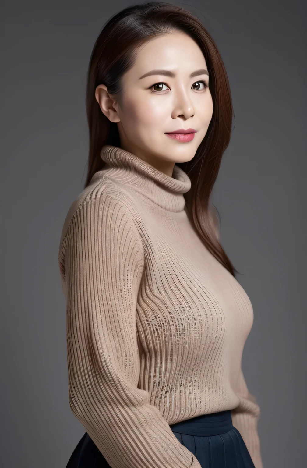 hight resolution, high-level image quality, high detailing, masterpiece, Textured skin, tre anatomically correct, sharp, greybackground((japanes, 25-years old)), 独奏, large breasts with good shape, Straight light brown hair that reaches to the shoulders, chubby figure (((erect through, facing the center of the screen.))), Close your mouth and look straight ahead with a serious face, Sweaters, skirt by the, ((cowboy shot)),
