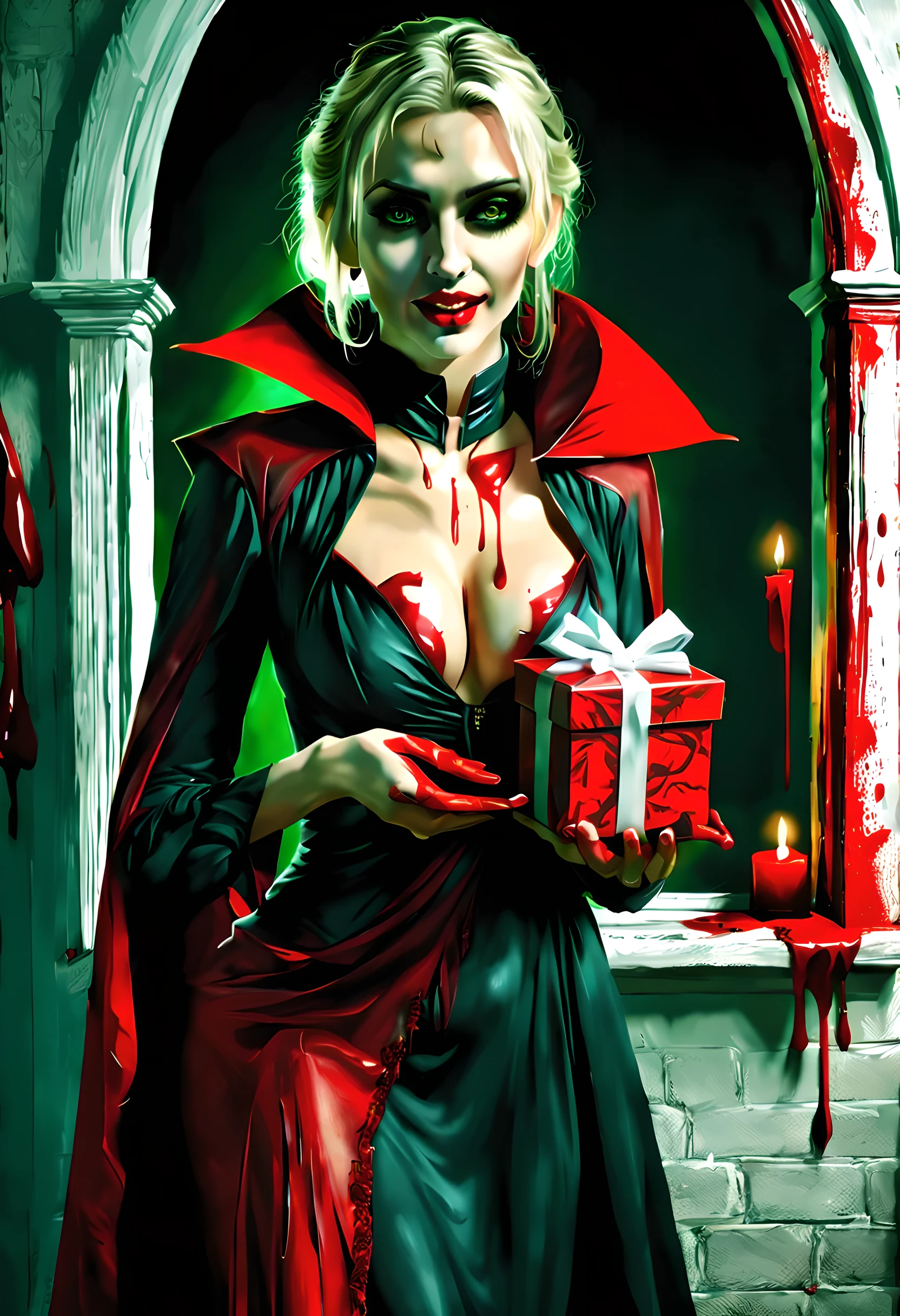 a picture of vampire standing in the front of her home holding a (blood: 1.3) dripping (gift box: 1.5), an exquisite beautiful female vampire in her front door of her home, full body (ultra detailed, Masterpiece, best quality), ultra detailed face (ultra detailed, Masterpiece, best quality), grey skin: 1.3 , blond hair, hair in a ponytail, long hair, blue eyes, cold eyes, glowing eyes, intense eyes, smile with [drops of blood on face] (ultra detailed, Masterpiece, best quality), dark red lips, [vampire fangs], wearing red dress (ultra detailed, Masterpiece, best quality), (green: 1.4) dark green cloak, (green: 1.3) green high heeled boots in front of her home, holding a (white: 1.4) gift box  dripping red blood GlowingRunes_red (ultra detailed, Masterpiece, best quality, high details, best quality, 16k, [ultra detailed], masterpiece, best quality, (ultra detailed), full body, ultra wide shot, photorealism, luis royo style, dark fantasy art, moon light coming through the window, moon rays, gothic art, sense of dread, sense of seduction, bloodmagic