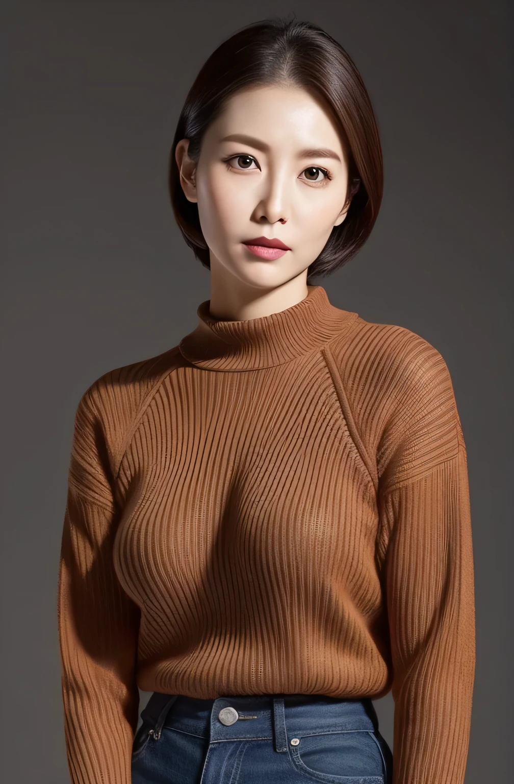 hight resolution, high-level image quality, high detailing, masterpiece, Textured skin, tre anatomically correct, sharp, greybackground((japanes, 25-years old)), 独奏, large breasts with good shape, Straight light brown hair that reaches to the shoulders, chubby figure (((erect through, facing the center of the screen.))), Close your mouth and look straight ahead with a serious face, Sweaters, skirt by the, ((cowboy shot)),