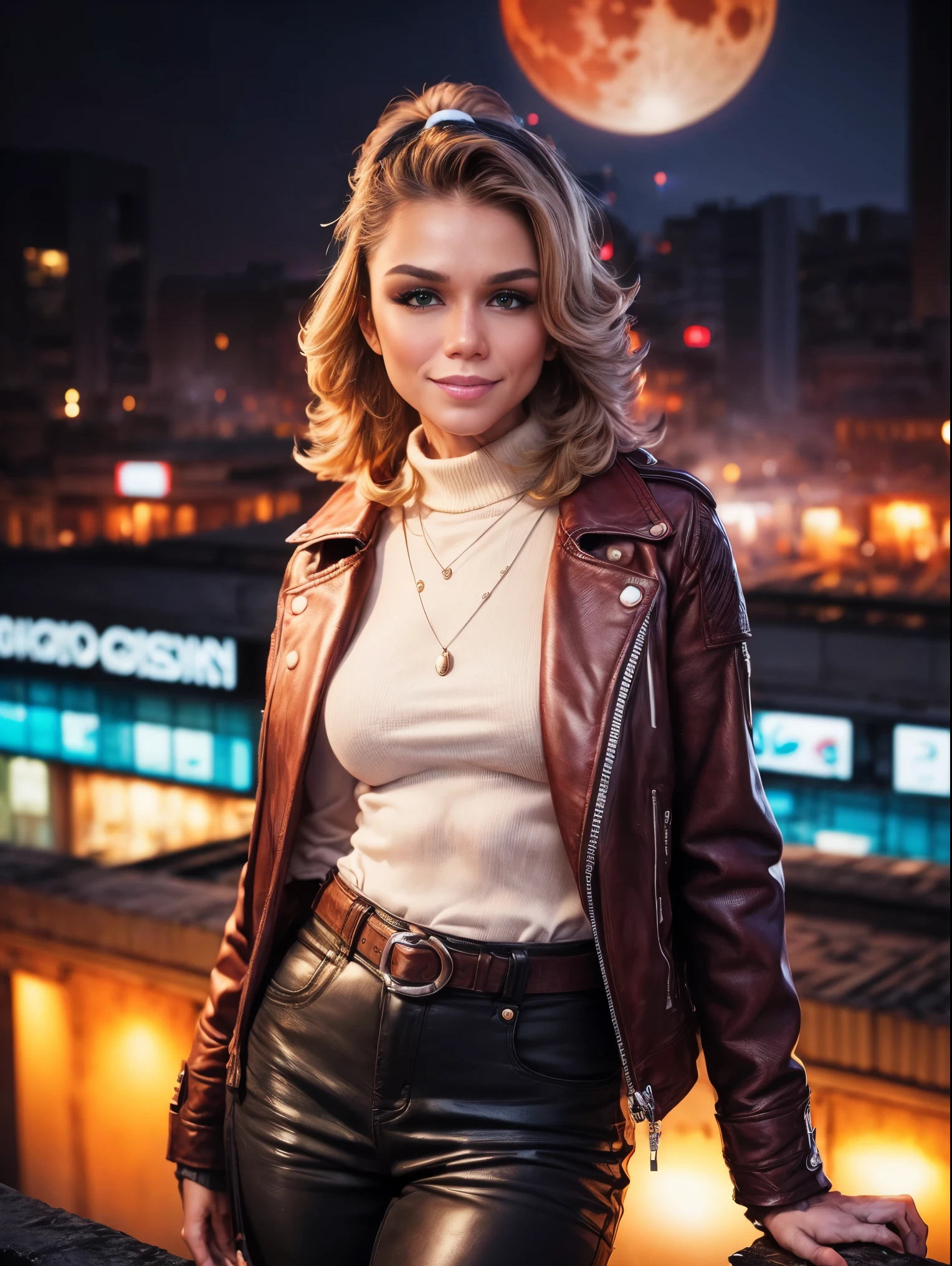 Super realistic, 4k, ((medium body shot)), (light smile), a woman Korean face with nice blonde style hair and magenta leather jacket, magenta leather pant, brown leather belt, brown leather glove and magenta high leather shoes and standing on top of building in the night with fog and super big green moon lighting and assassin cowboy style look.