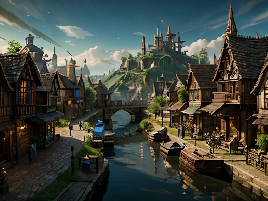 steampunk village on the left, fantasy village on the rightside