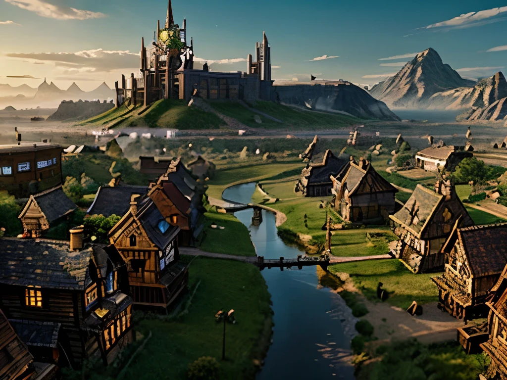 steampunk village on the left, fantasy village on the rightside