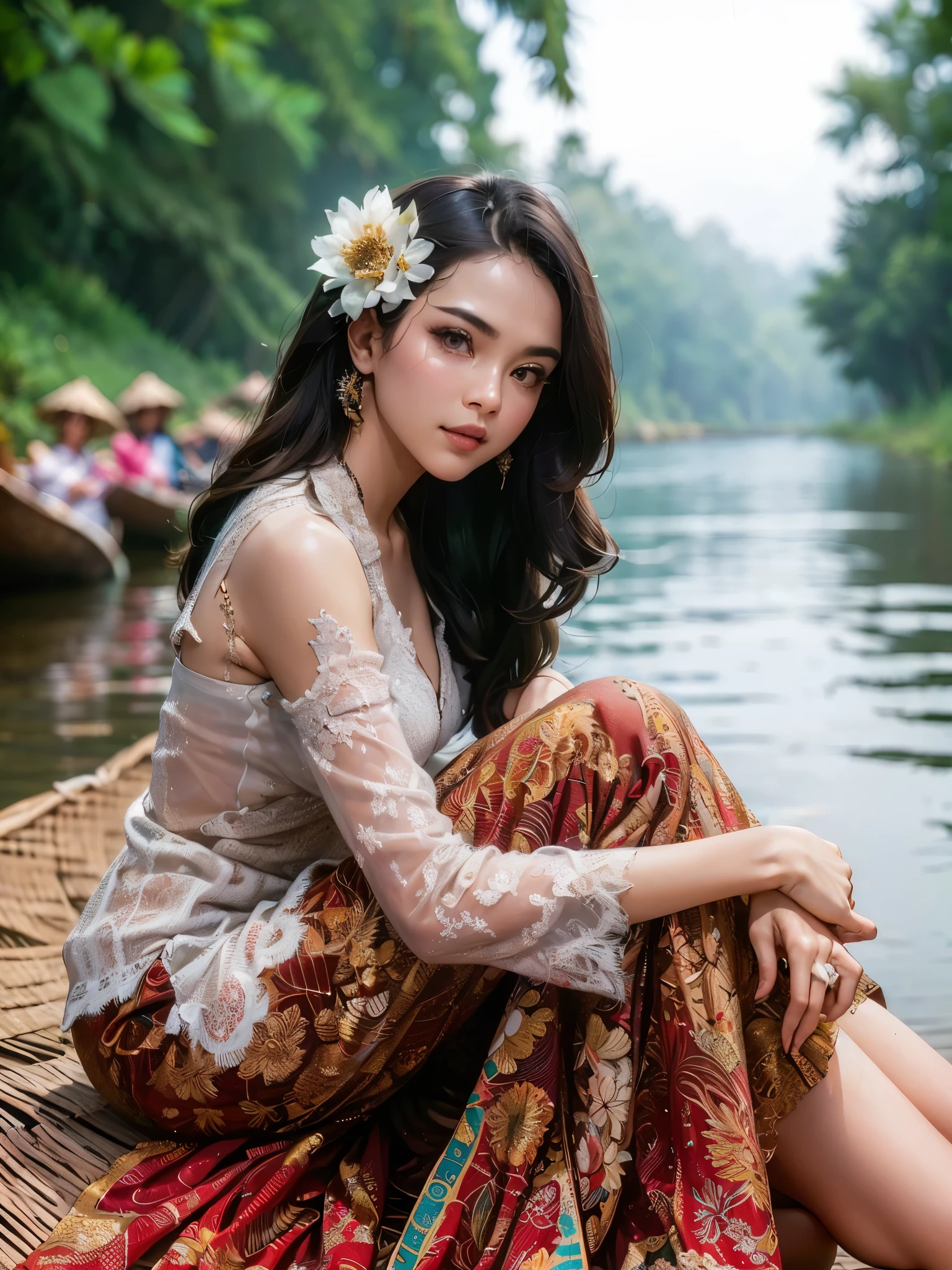 arafed woman sitting on a boat in a river with a flower in her hair, traditional beauty, beautiful oriental woman, vietnamese woman, gorgeous woman, beautiful asian woman, gorgeous lady, beautiful asian girl, sukhothai costume, south east asian with long, dramatic smile pose intricate, asian woman, traditional art, beautiful woman, traditional, an asian woman, traditional clothes, masterpiece, best quality:1.2),,(8k,highres,RAW photo,realistic,photo-realistic:1.3),(detailed skin texture,detailed cloth texture,beautiful detailed face:1.25),professional lighting,photon mapping,beautiful soft light,radiosity,physically-based rendering,raytracing, model shoot style, model shoot style, (extremely detailed CG unity 8k wallpaper), full shot body photo of the most beautiful artwork in the world,