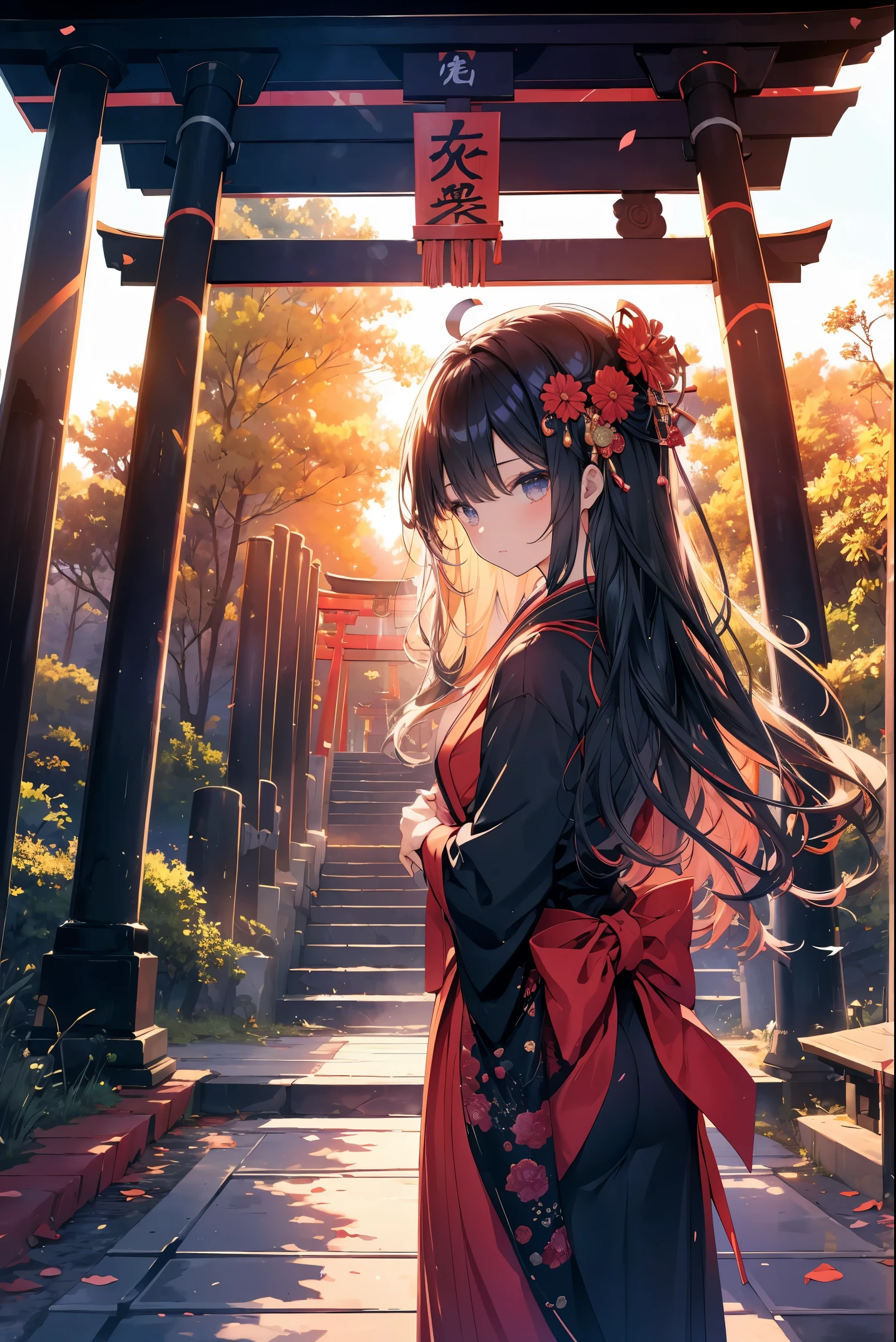 1 girl in, Masterpiece、top-quality、Stand in front of the torii gate、1 girl inが空を見上げながら空に手を伸ばす、Stretch one hand up、sunrises、Beautiful Landscapes、Rear view, Stranger, cabelos preto e longos、Witch costume、The outside scenery seen from the torii gate、shrines、初sunrises、Beautiful sky